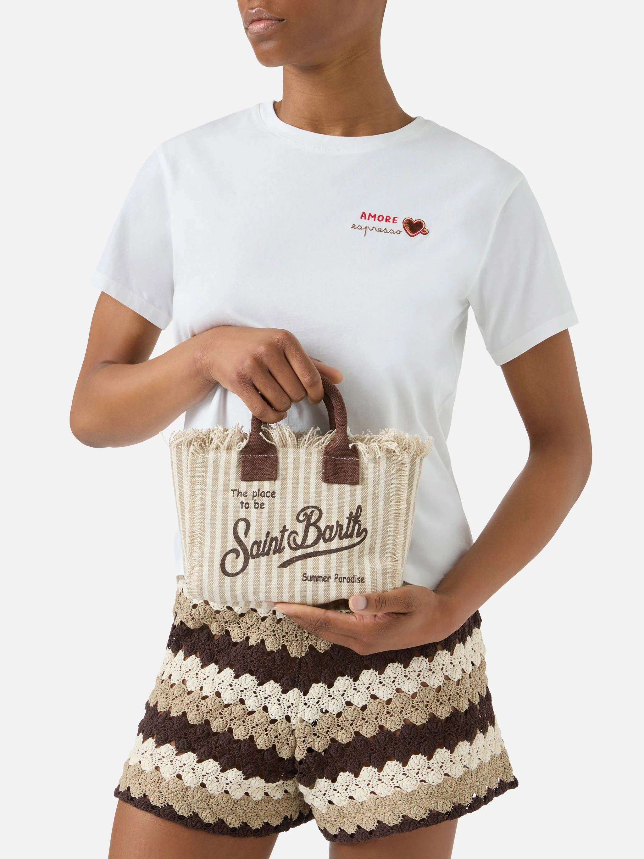 Borsa Vanity mini in canvas a righe marroni con dettagli a contrasto - Image 2