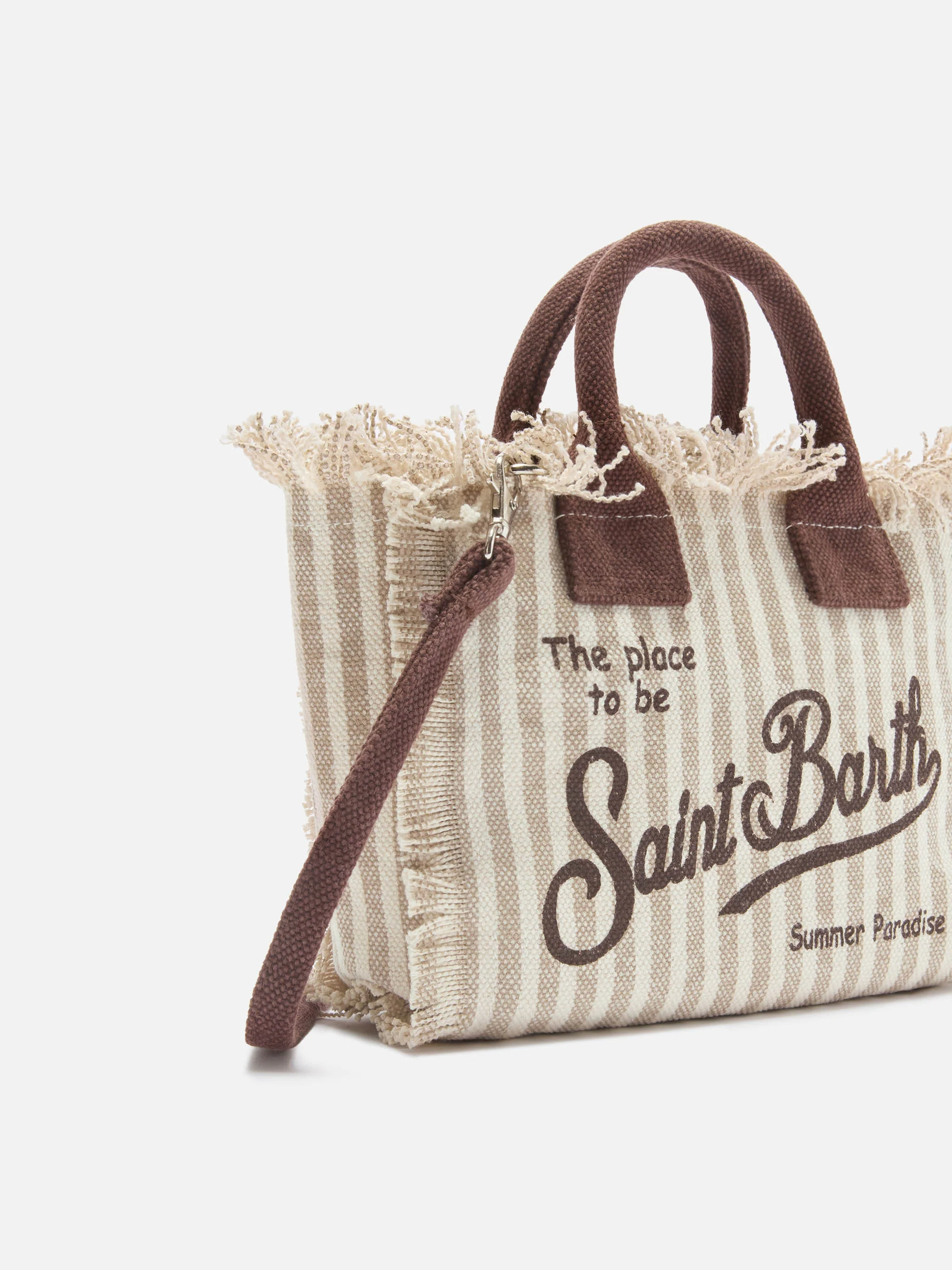 Borsa Vanity mini in canvas a righe marroni con dettagli a contrasto - Image 3