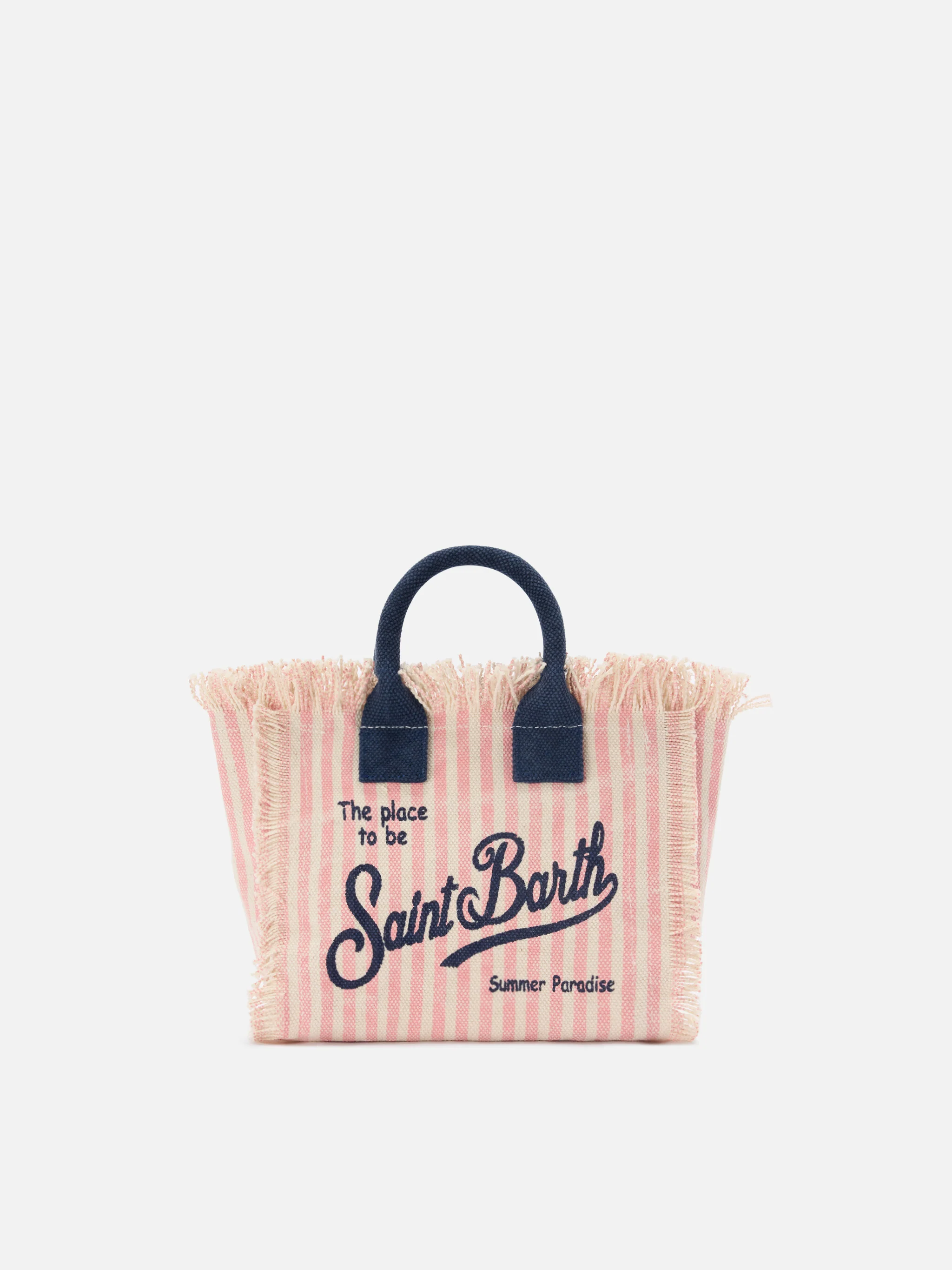 Borsa Vanity mini in canvas a righe rosa con dettagli blu