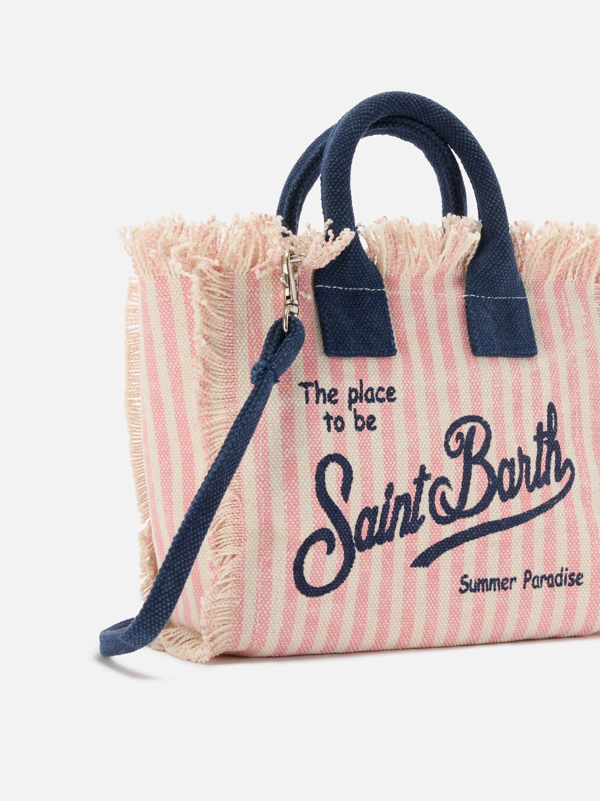 Borsa Vanity mini in canvas a righe rosa con dettagli blu - Image 3