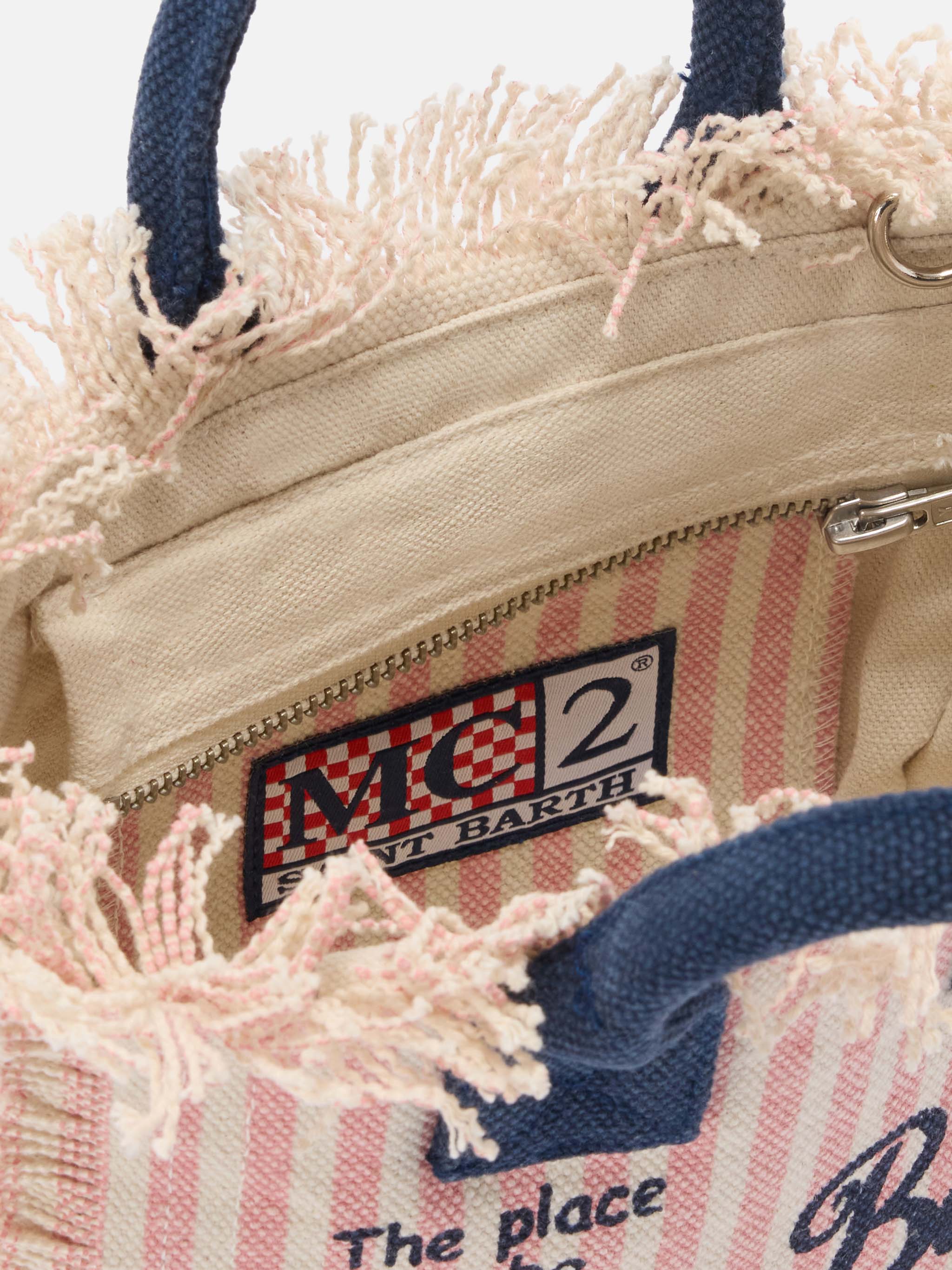 Borsa Vanity mini in canvas a righe rosa con dettagli blu - Image 4