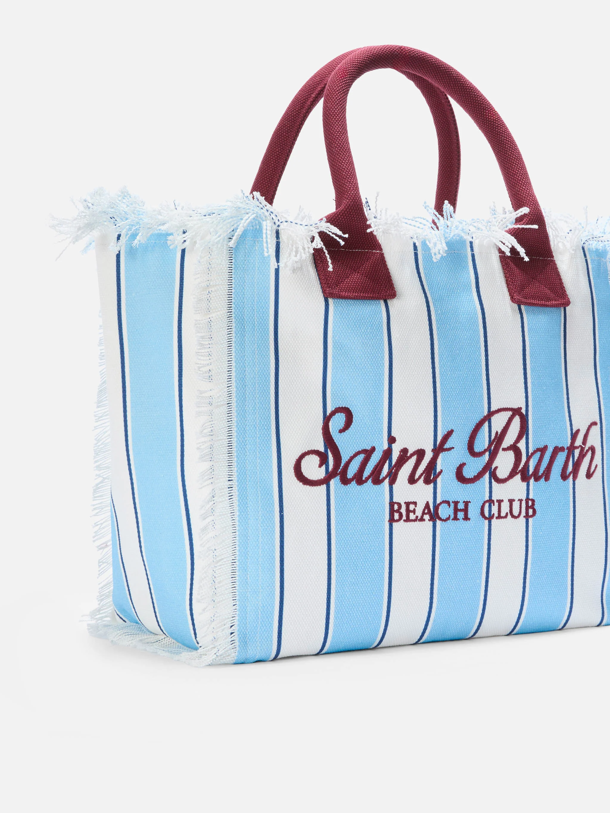 Borsa Vanity regular in canvas a righe azzurre con dettagli bordeaux - Image 3