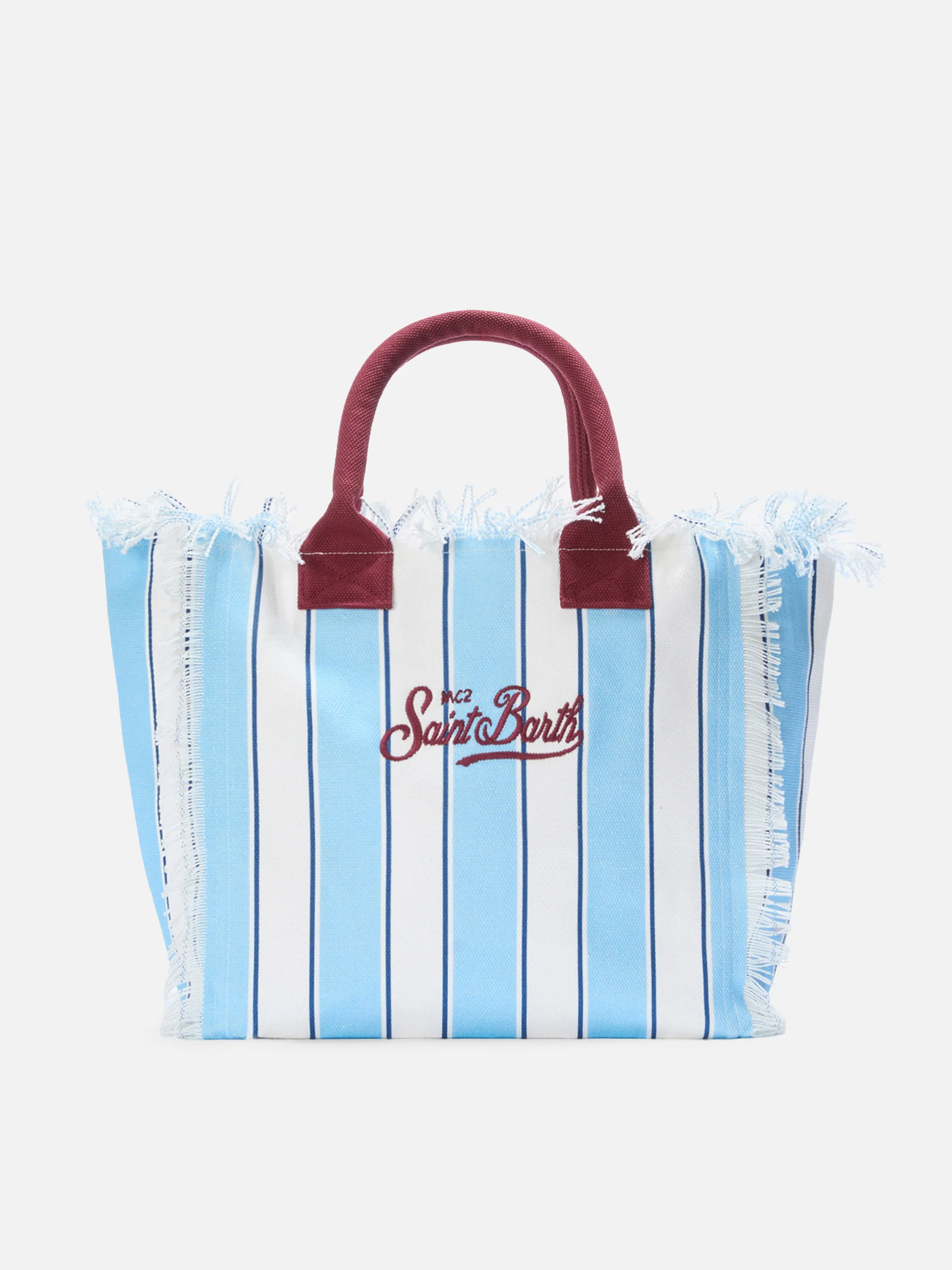 Borsa Vanity regular in canvas a righe azzurre con dettagli bordeaux - Image 4
