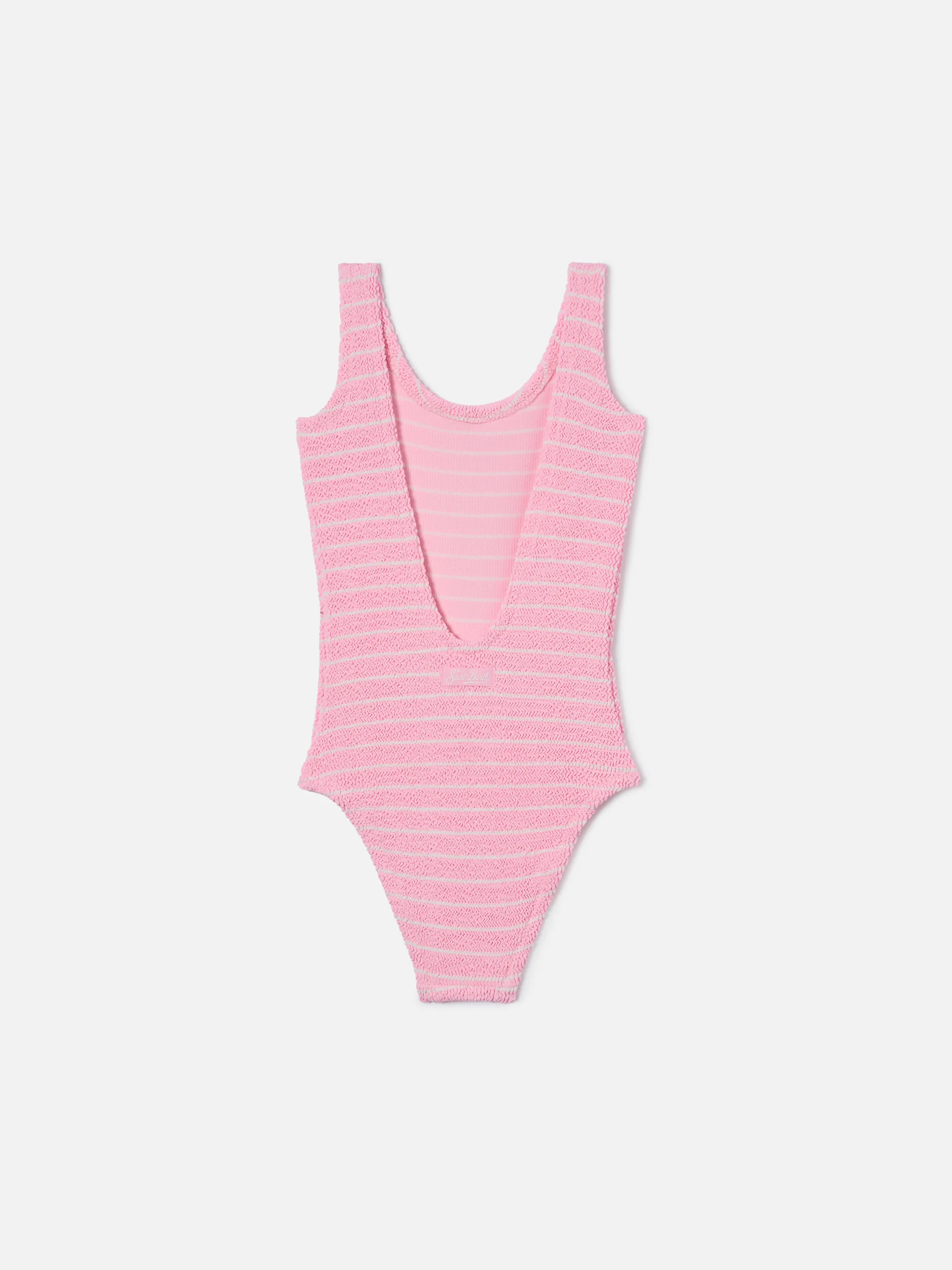 Costume intero Cara in tessuto crinkle a righe rosa e bianche - Image 2