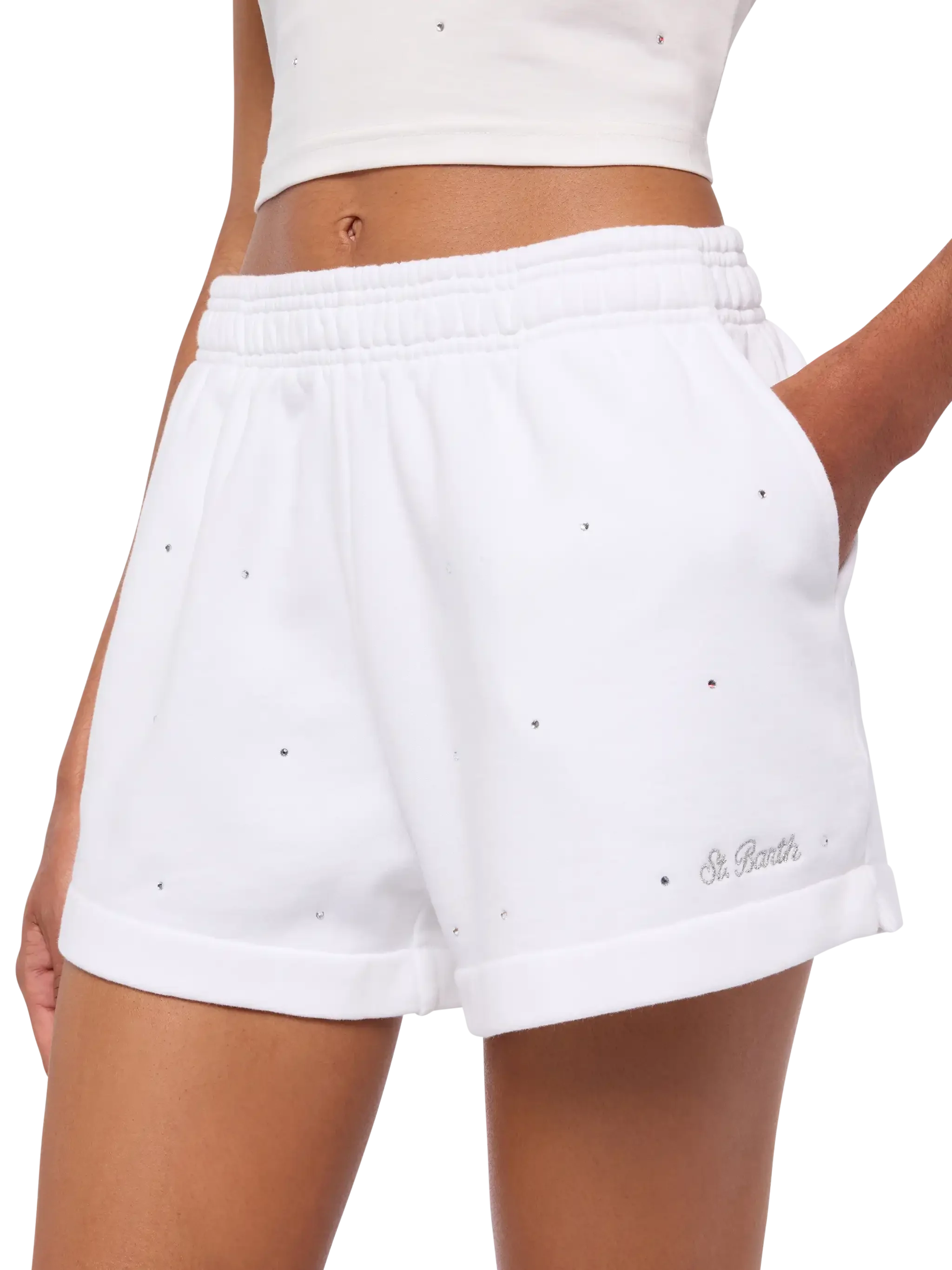 Cate shorts in cotone bianco con applicazioni di strass a righe - Image 4