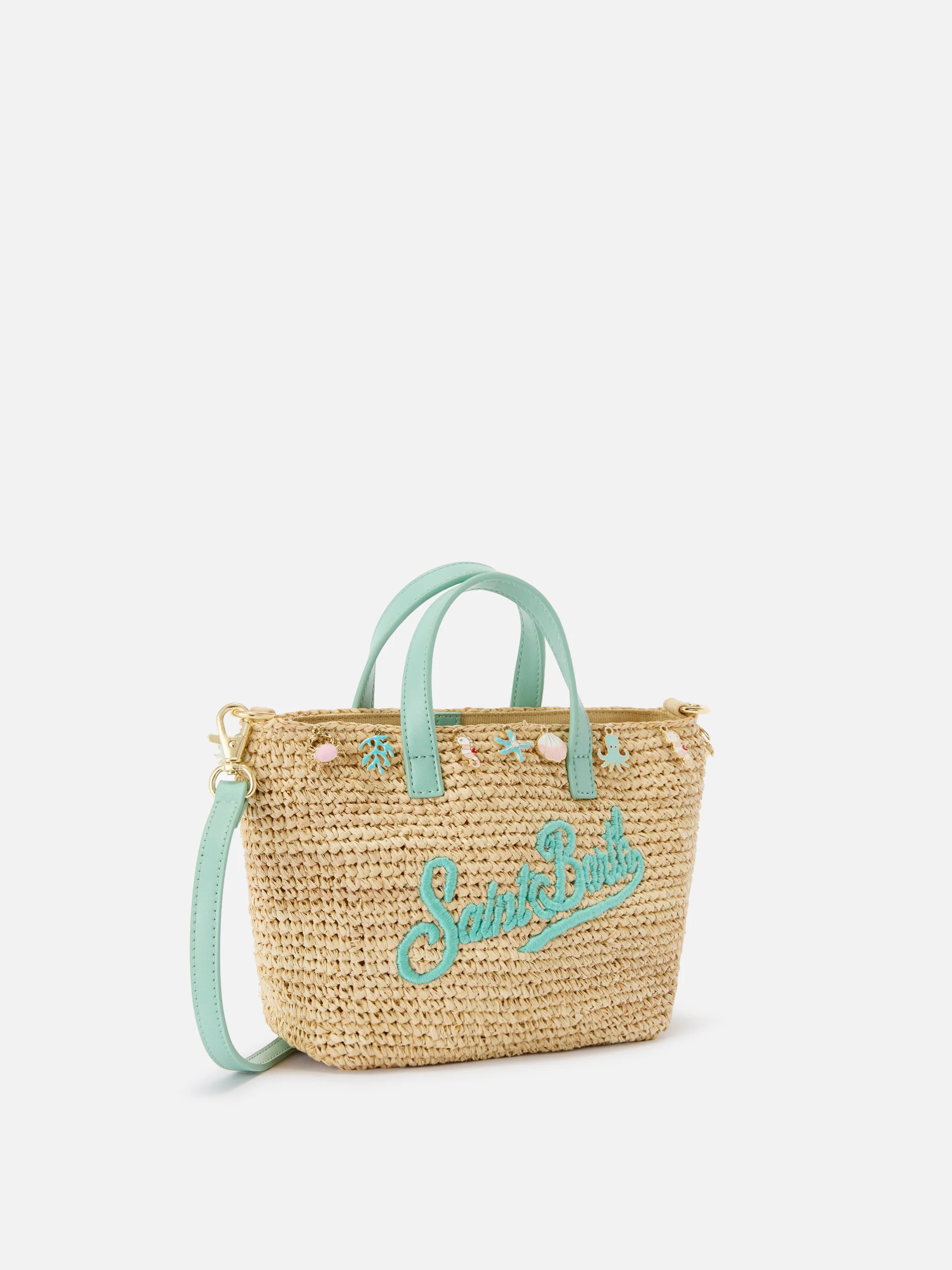 Borsa City mini in raffia con charms applicati e logo ricamato - Image 3