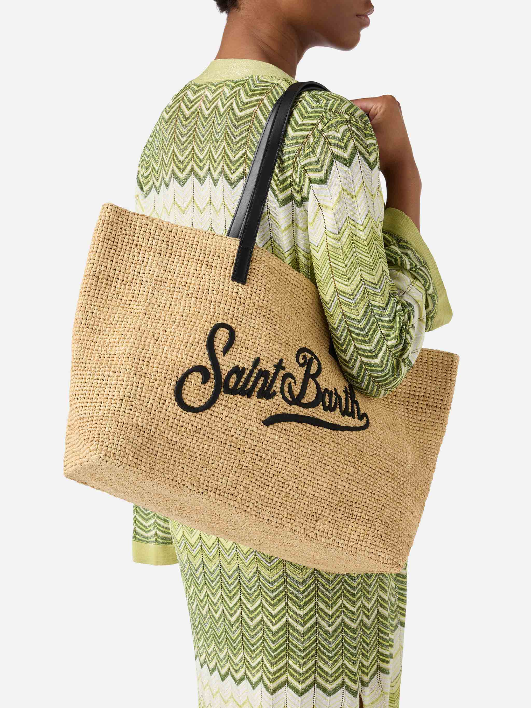 Borsa City in raffia con logo nero ricamato a contrasto - Image 2