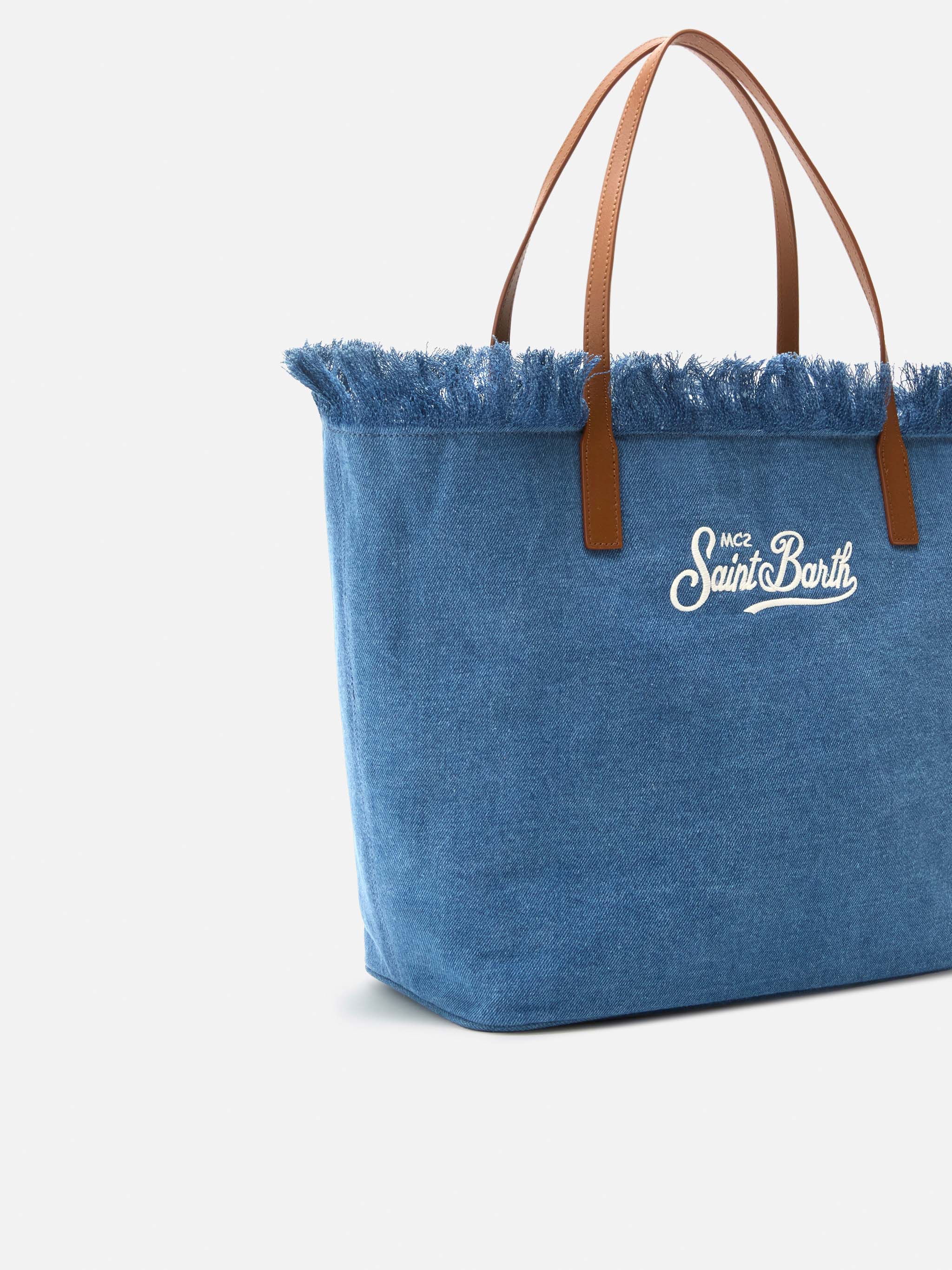 Borsa City regular in tessuto denim con frange - Image 4