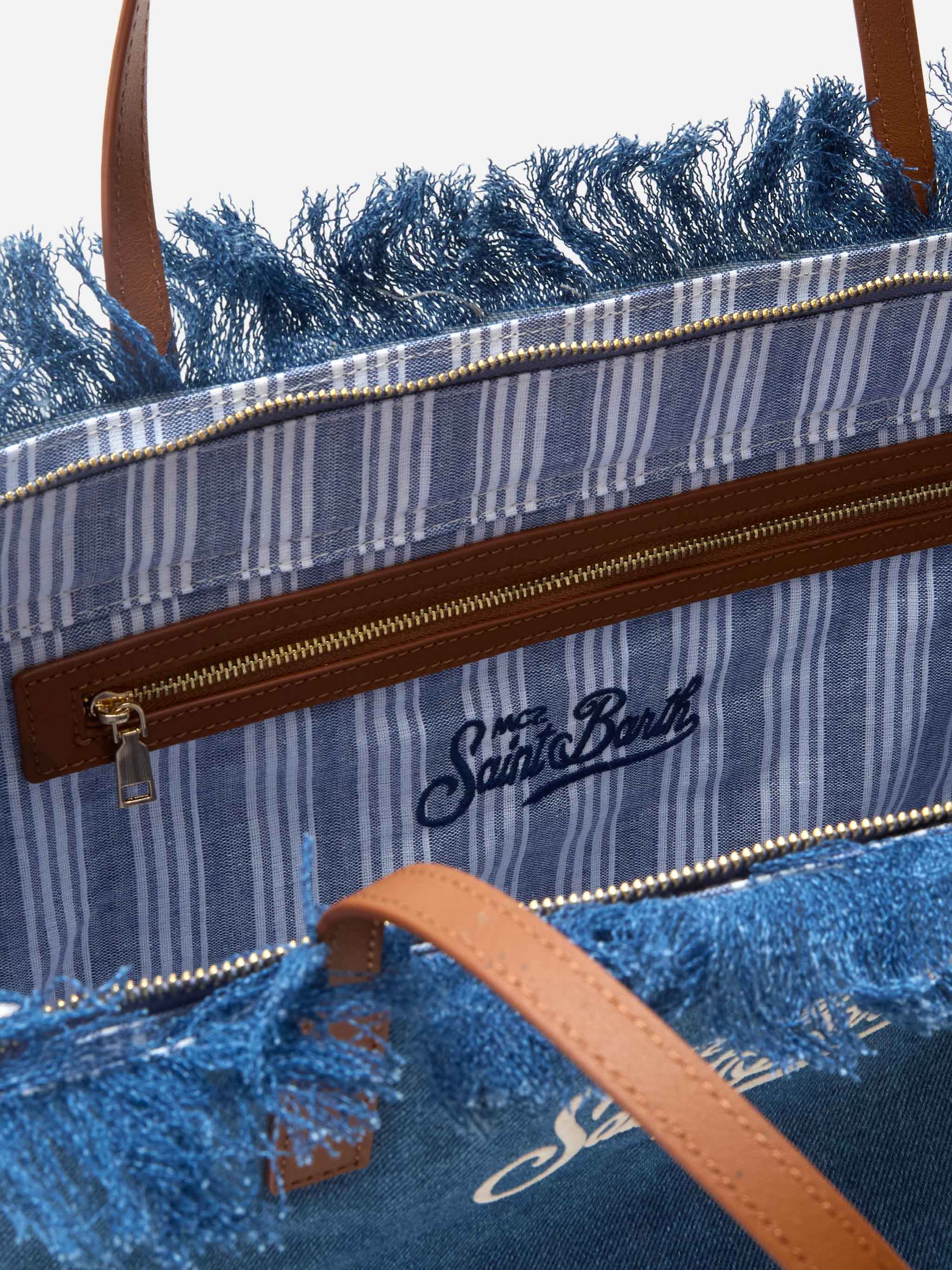 Borsa City regular in tessuto denim con frange - Image 5