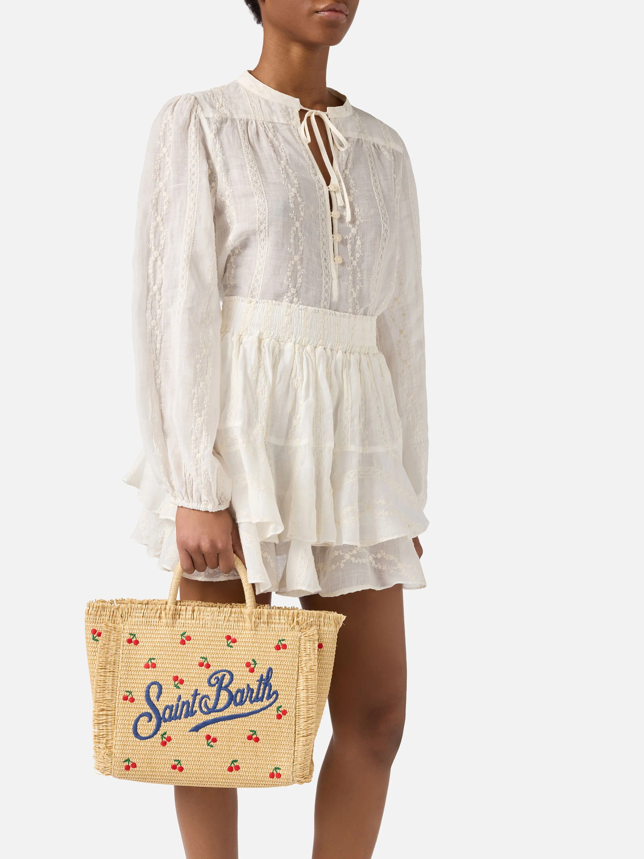 Borsa Colette in tessuto effetto paglia con ricami ciliegie - Image 2