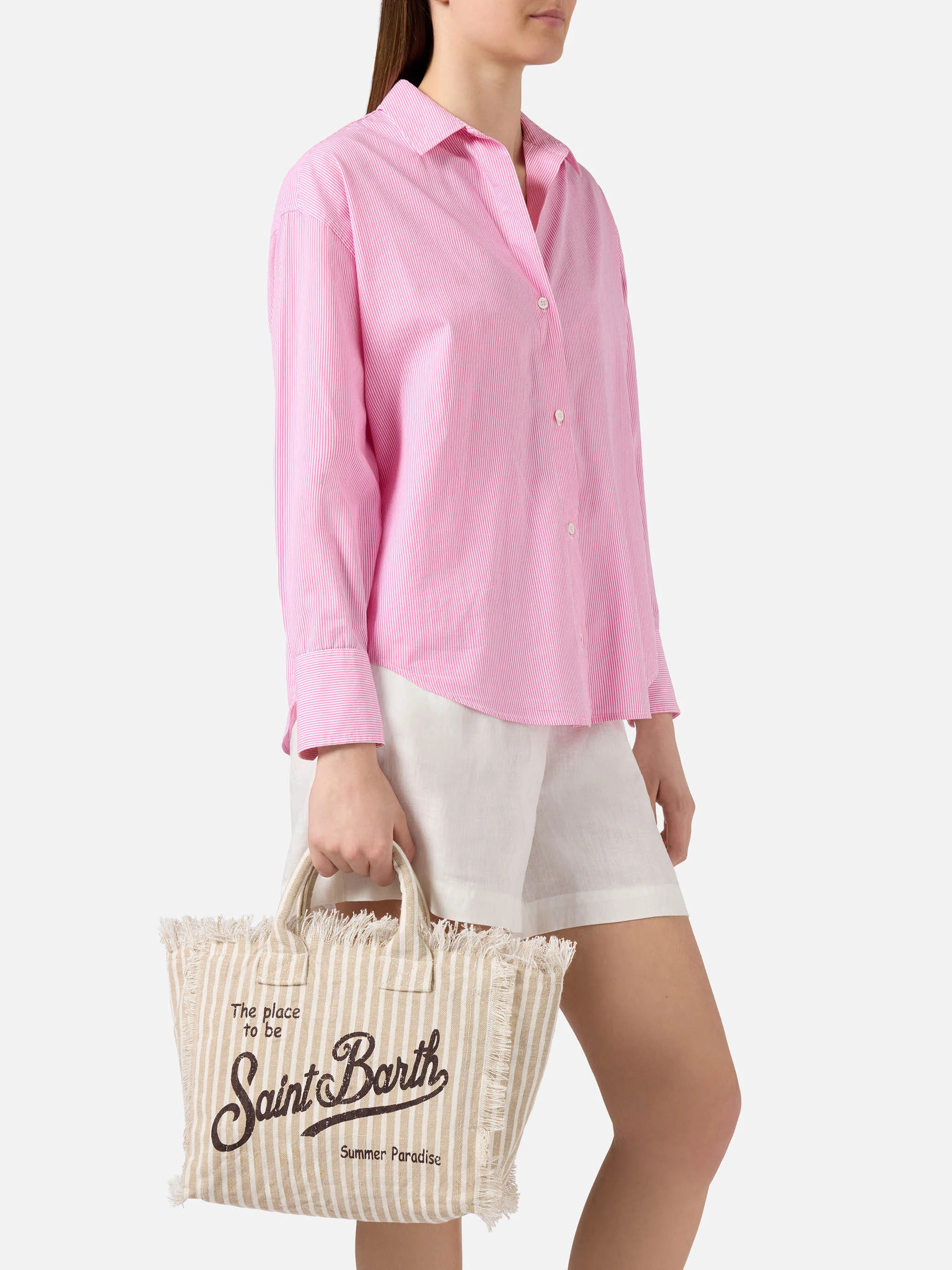Borsa Colette in lino a righe beige e bianche - Image 2