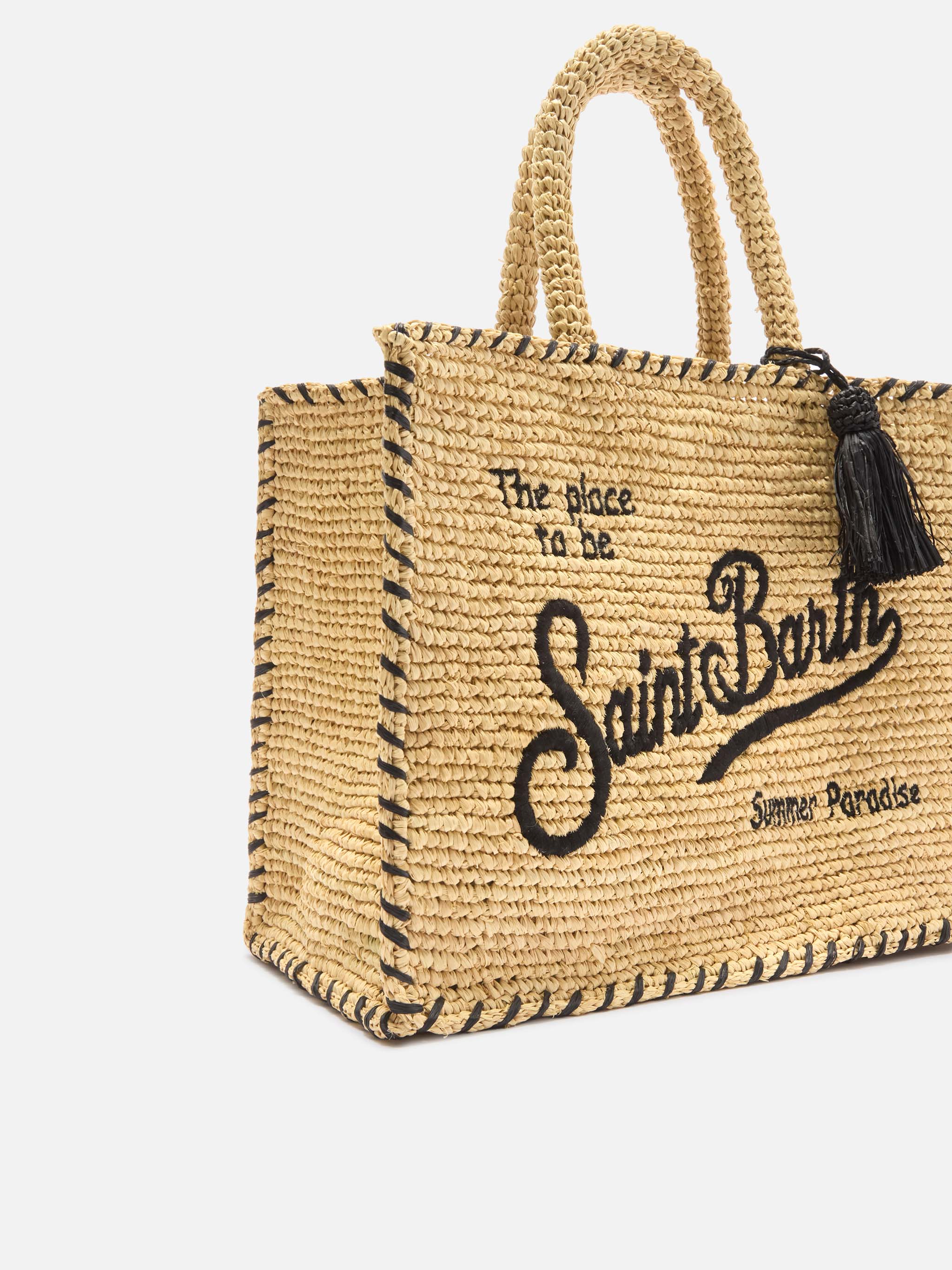 Borsa Colette in raffia beige con logo ricamato nero e nappetta - Image 3