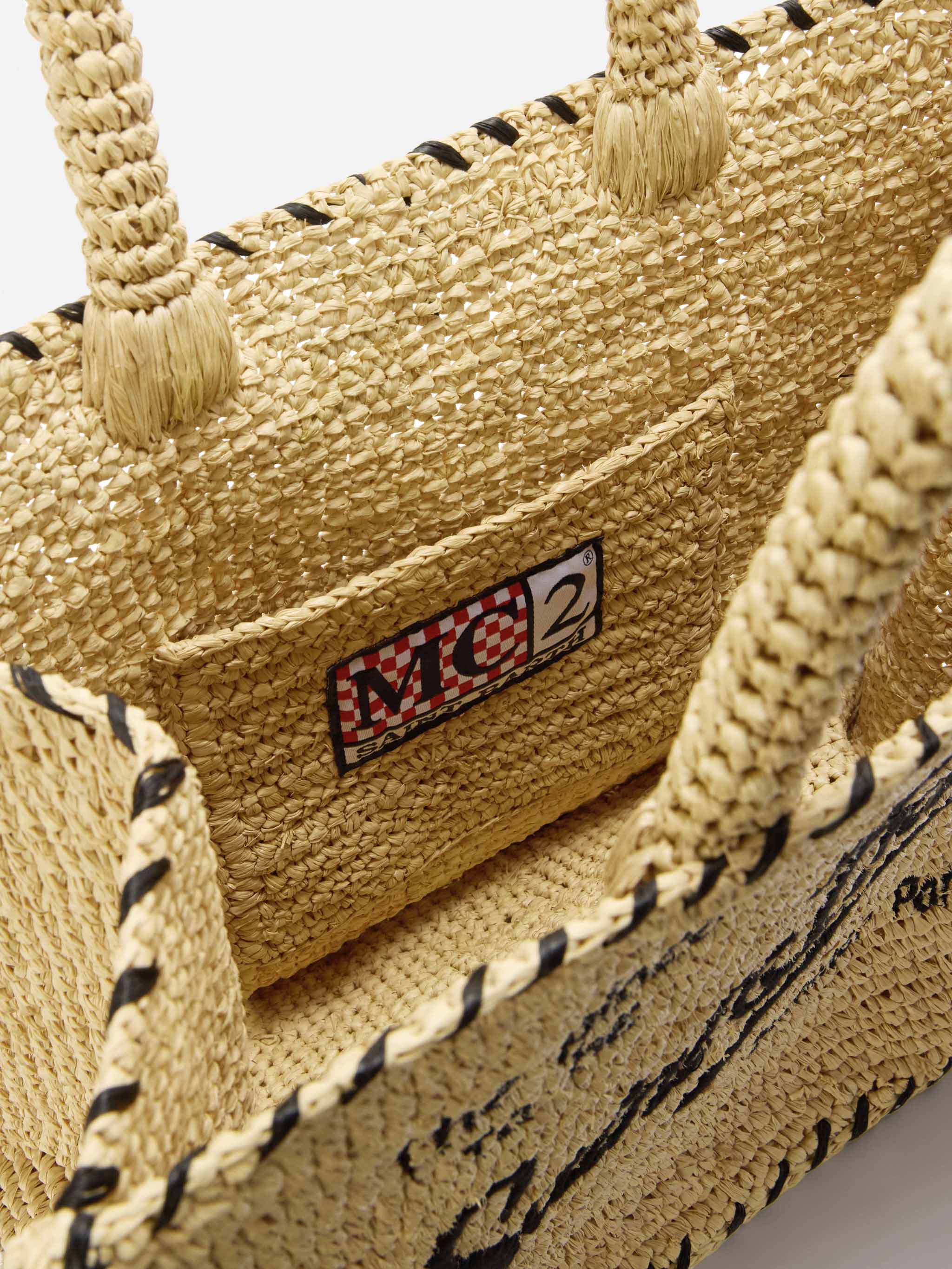 Borsa Colette in raffia beige con logo ricamato nero e nappetta - Image 5