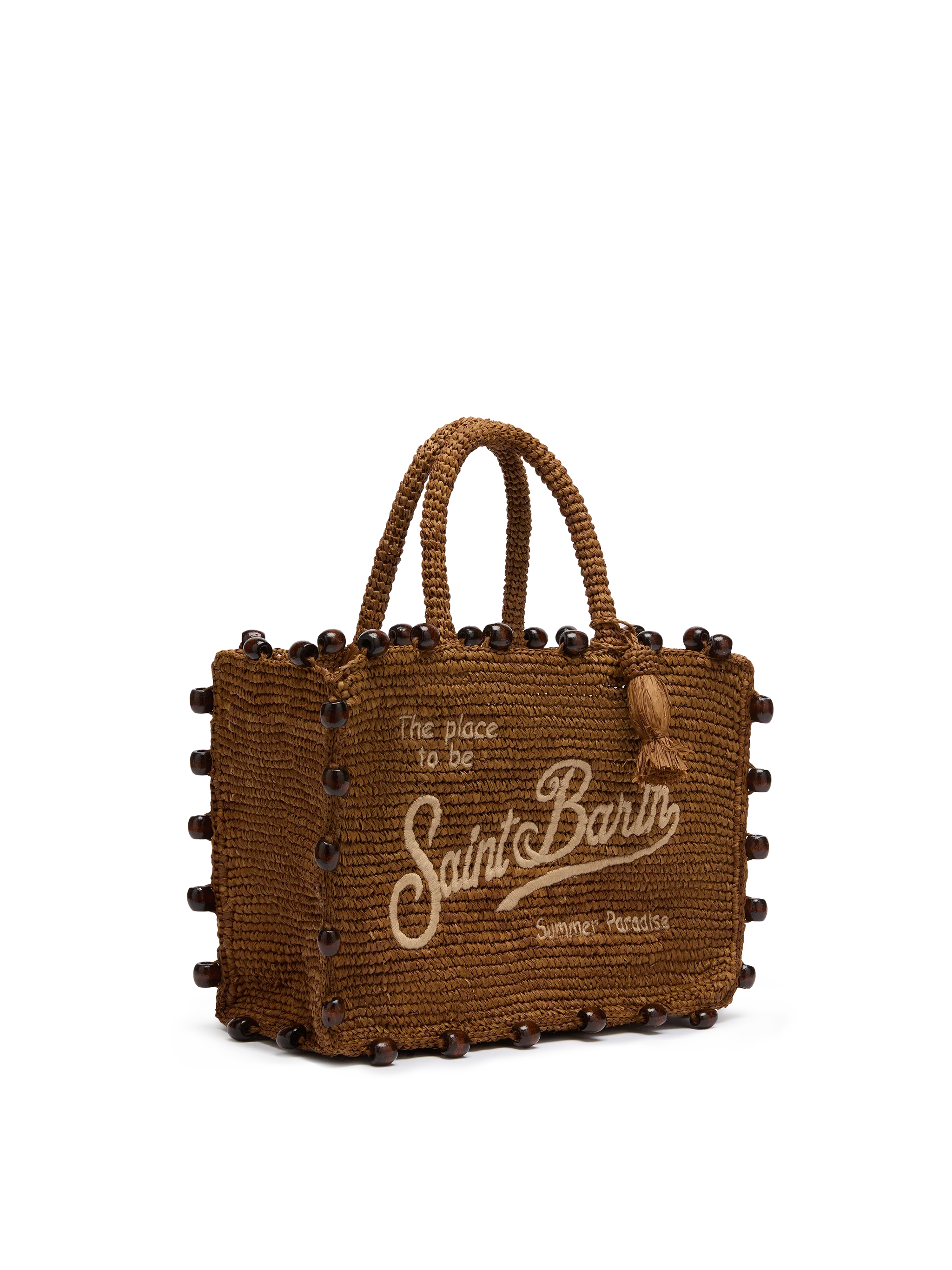 Borsa Colette in rafia marrone con perline e logo ricamato - Image 3