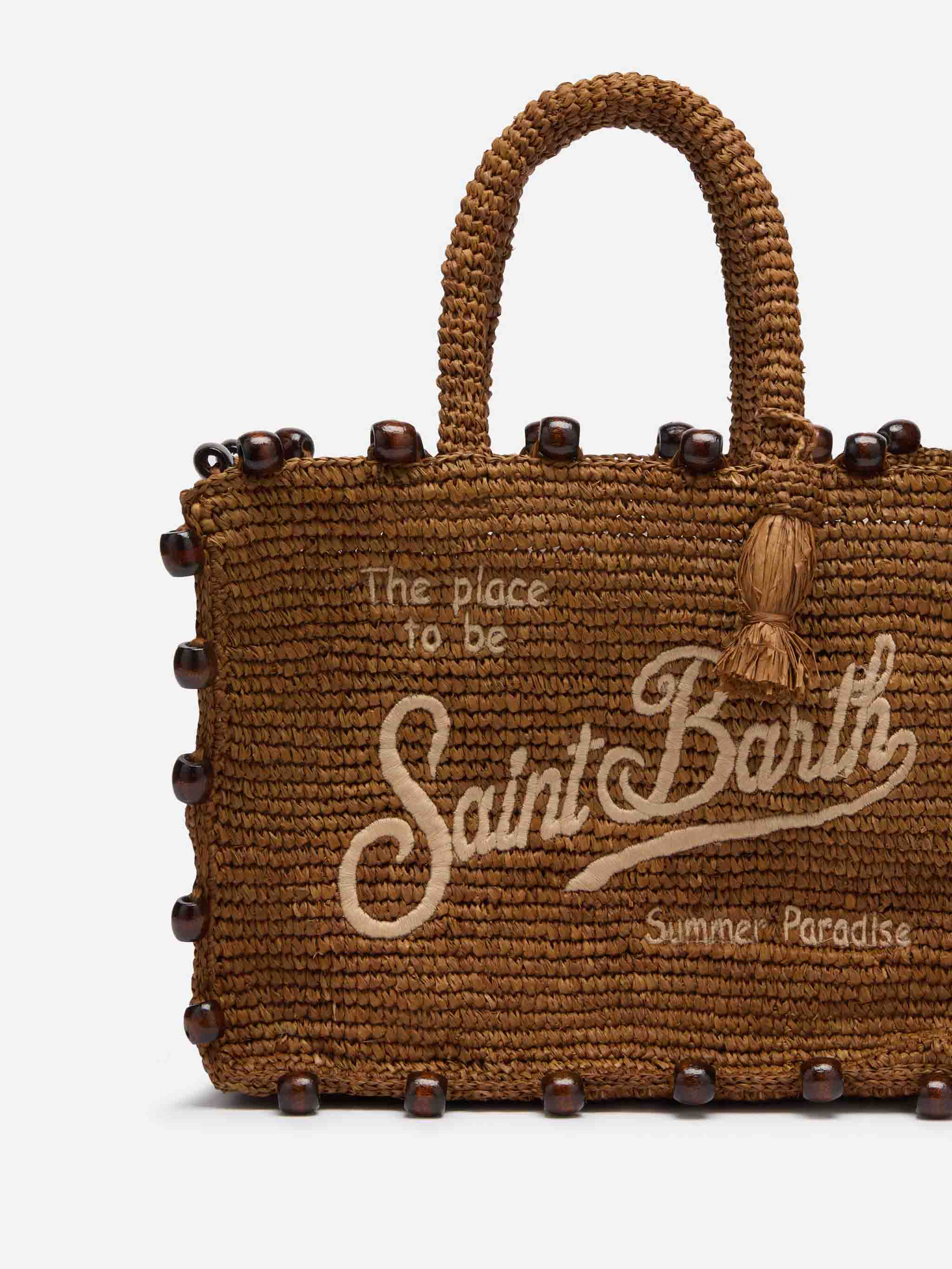 Borsa Colette in rafia marrone con perline e logo ricamato - Image 4
