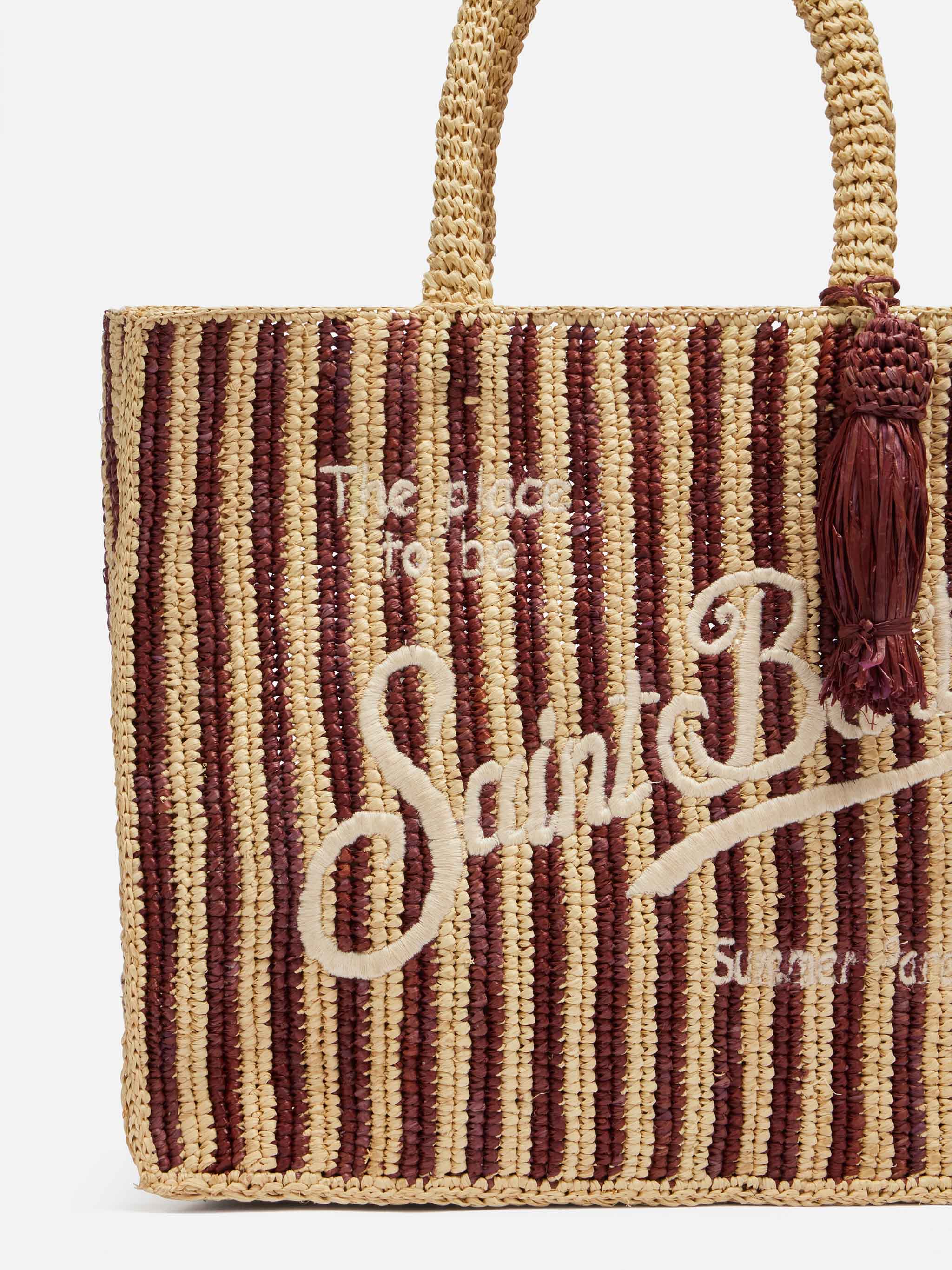 Borsa Colette in rafia a righe marroni con logo ricamato - Image 3