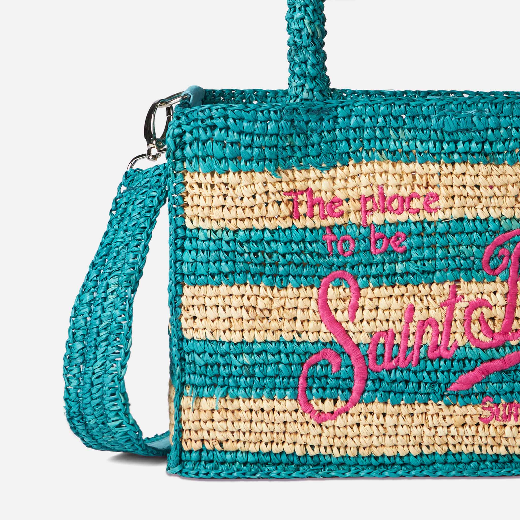 Borsa Colette in rafia a righe bianche e bluette - Image 2
