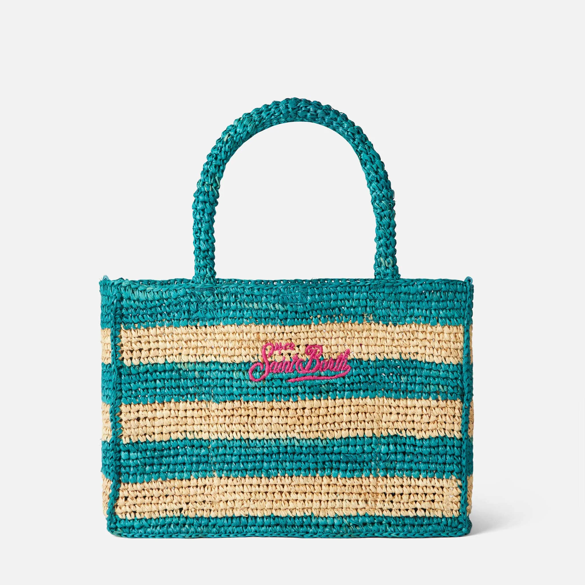 Borsa Colette in rafia a righe bianche e bluette - Image 3