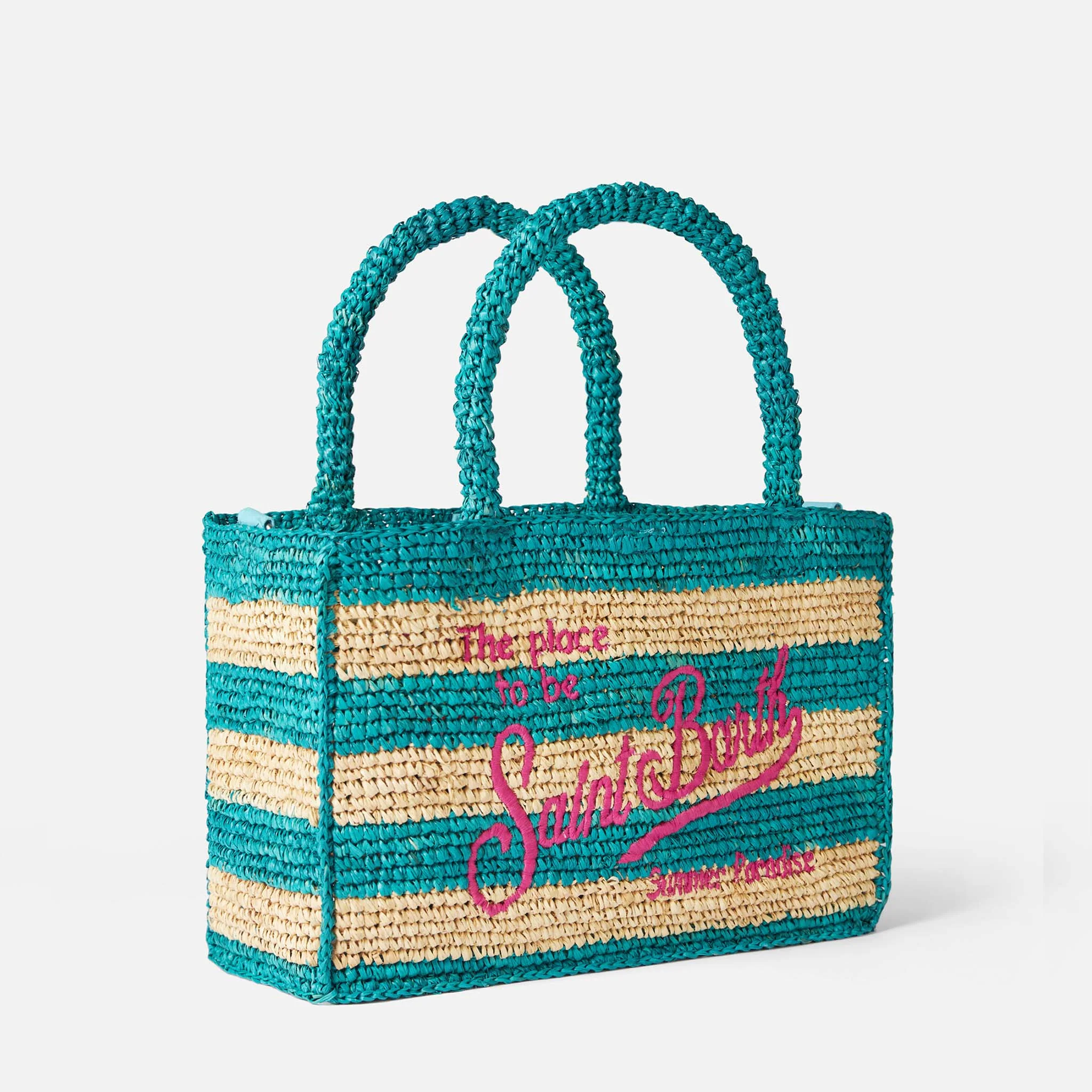 Borsa Colette in rafia a righe bianche e bluette - Image 4