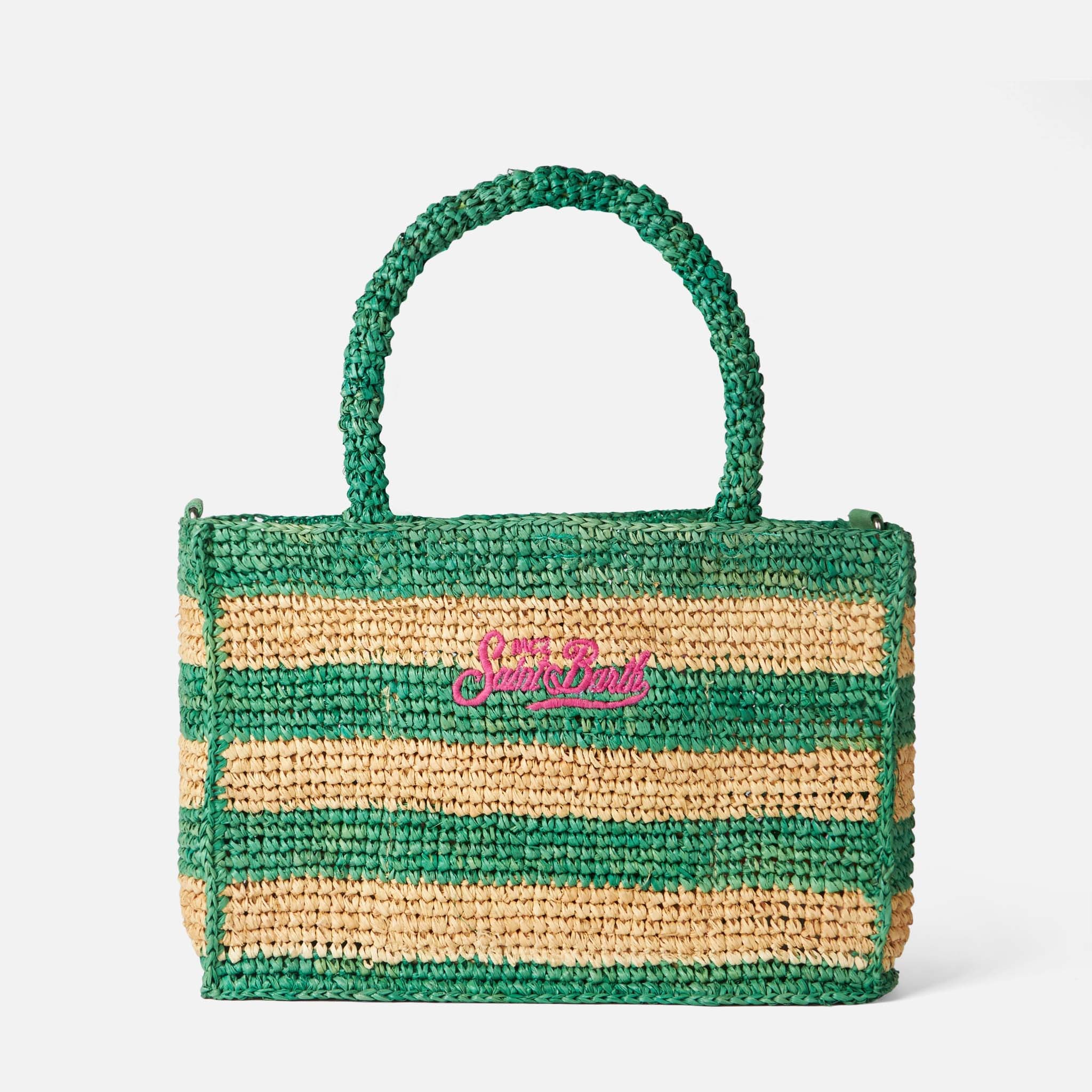 Borsa Colette in rafia a righe bianche e verdi - Image 3