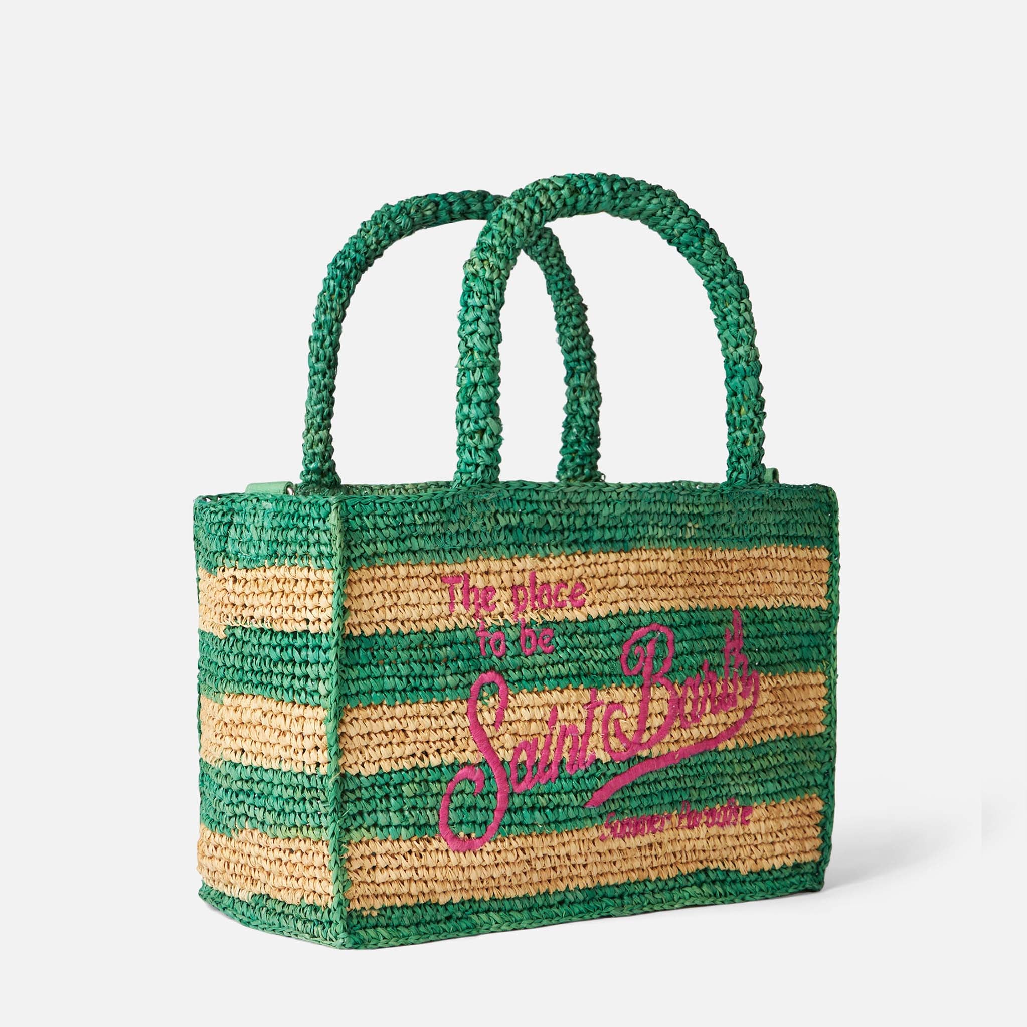 Borsa Colette in rafia a righe bianche e verdi - Image 4