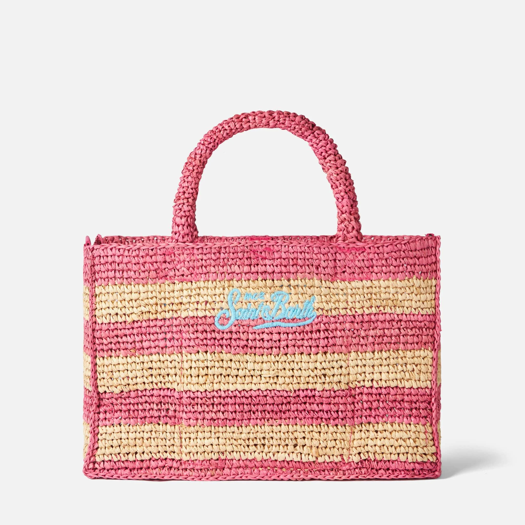 Borsa Colette in rafia a righe bianche e rosa - Image 3