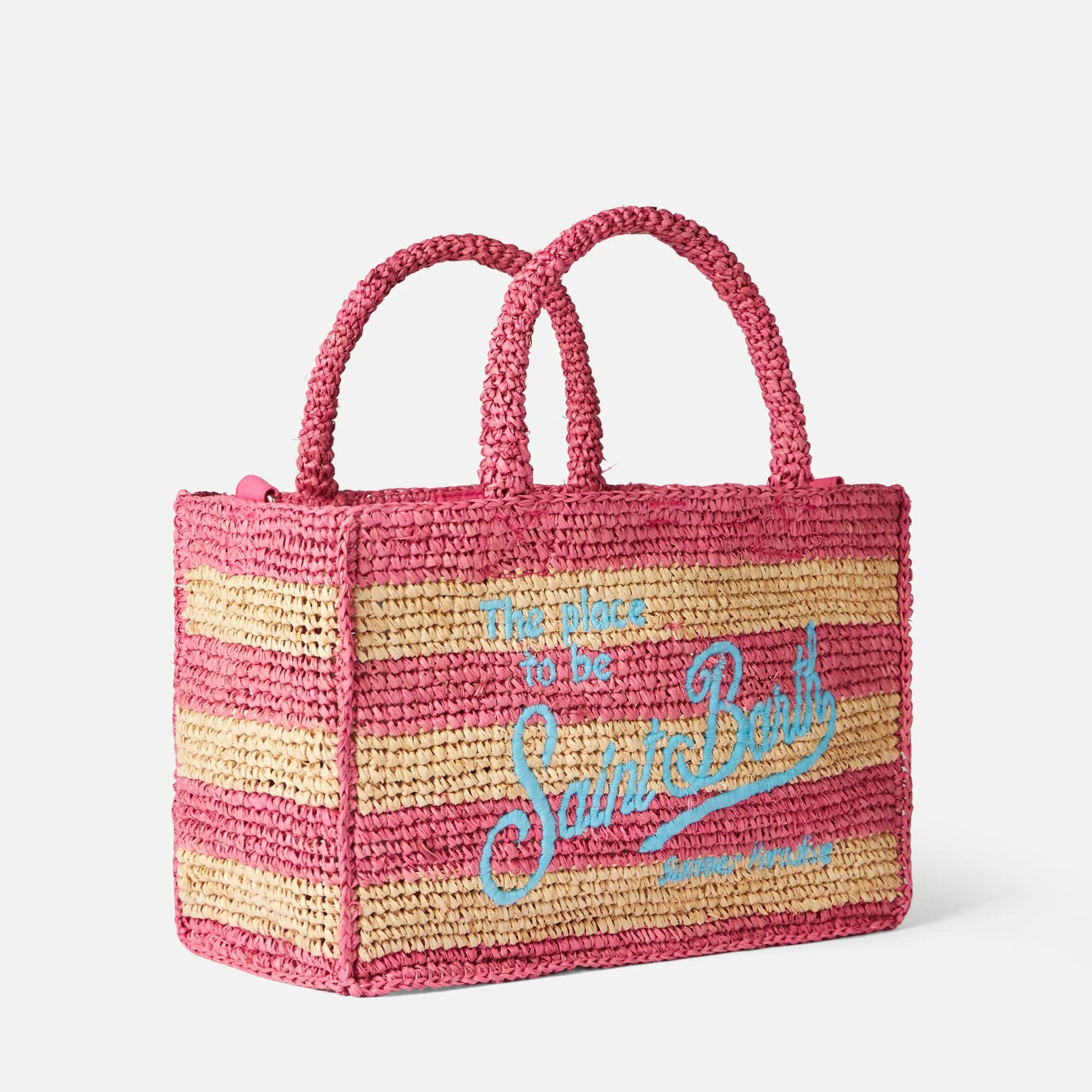 Borsa Colette in rafia a righe bianche e rosa - Image 4