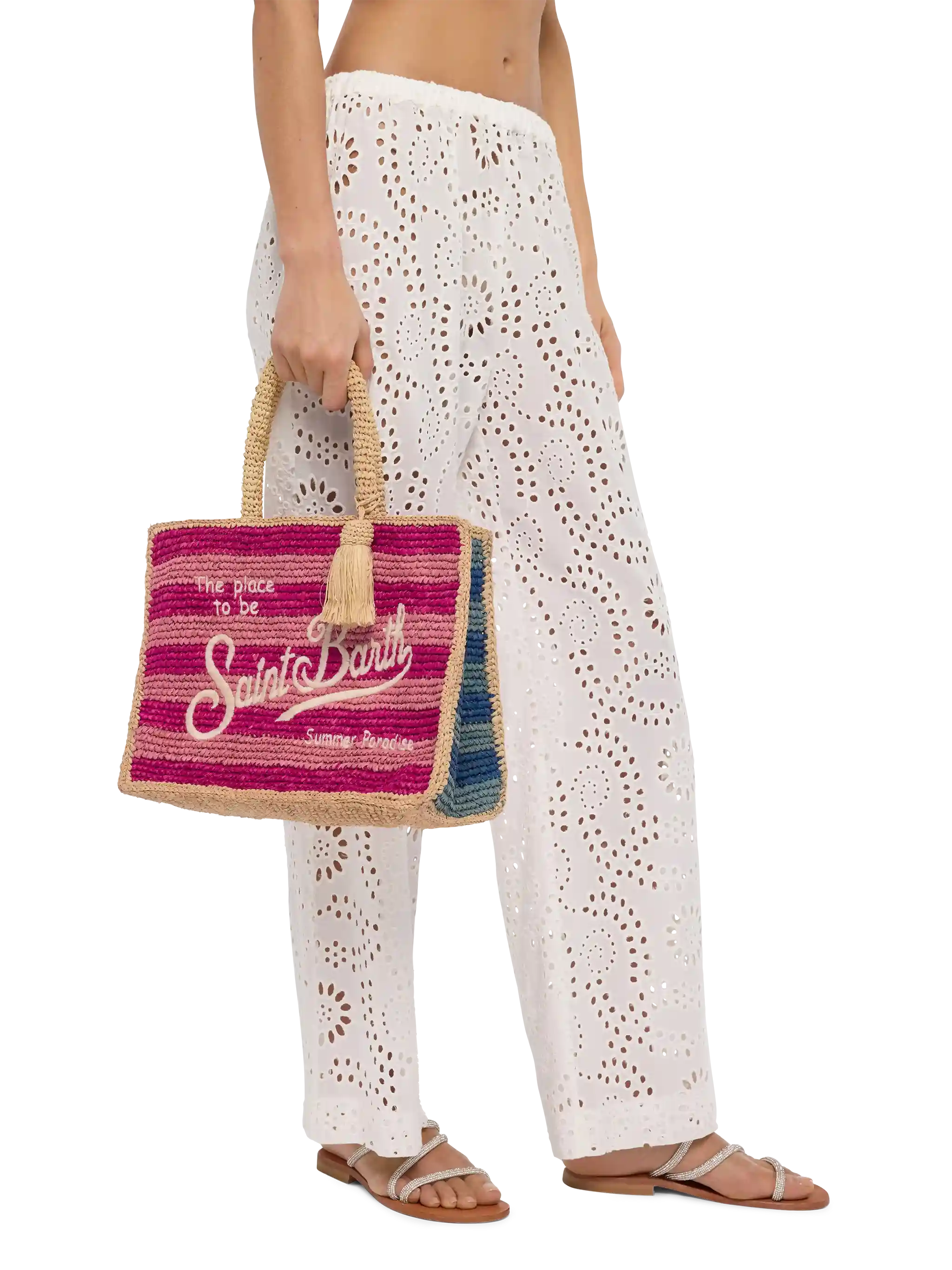 Borsa Colette in rafia a righe multicolore con logo ricamato - Image 2