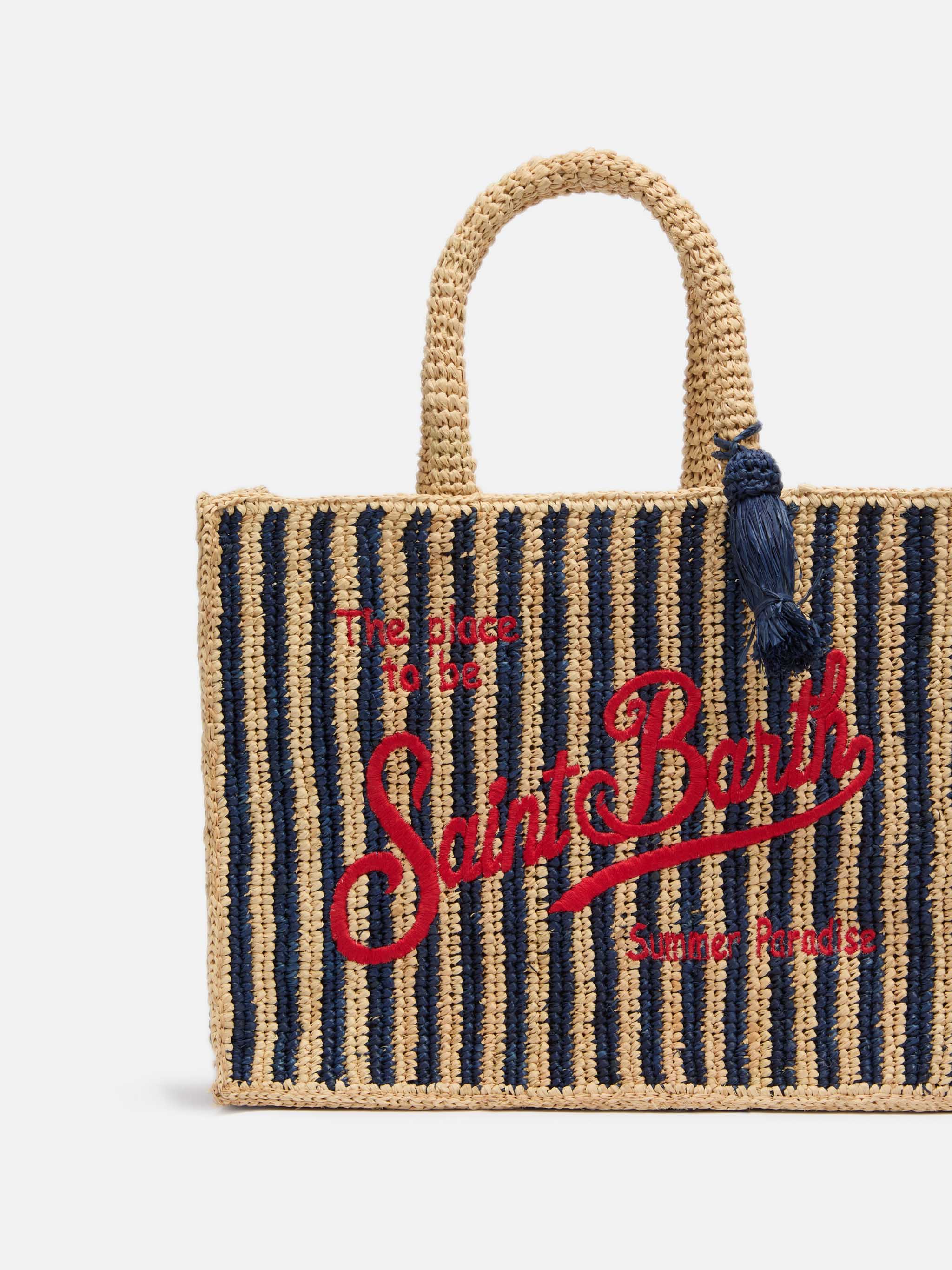 Borsa Colette in rafia a righe blu navy con logo ricamato - Image 3