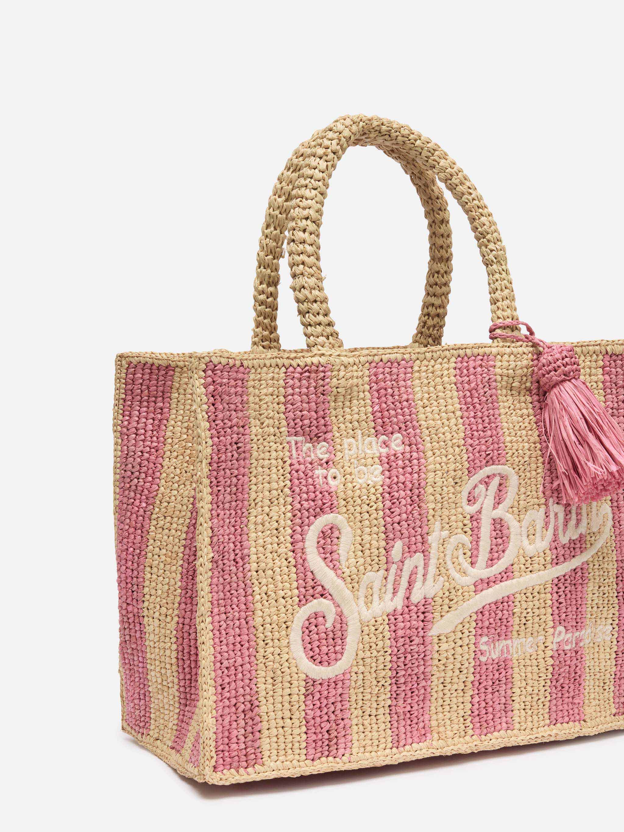 Borsa Colette in rafia a righe rosa con logo ricamato - Image 3