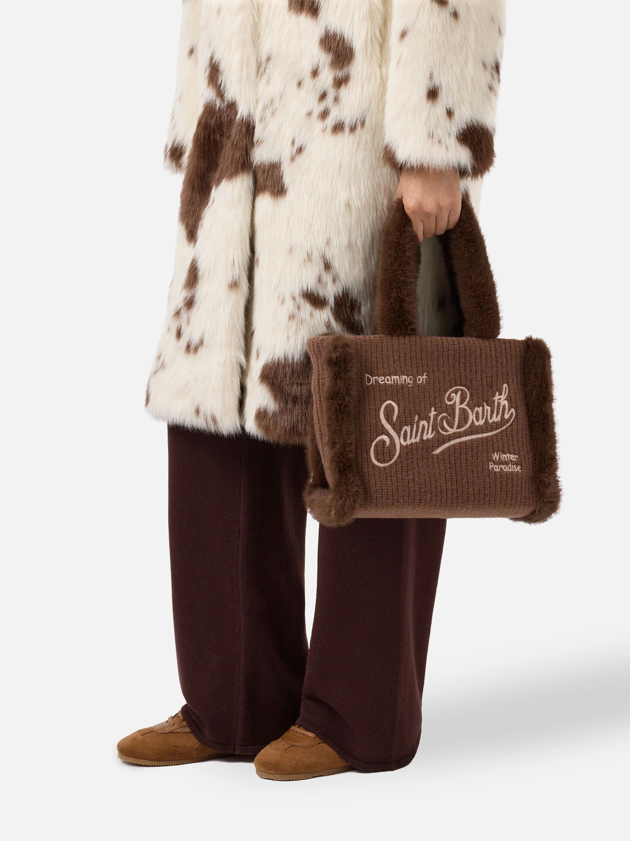 Borsa a mano Colette Shearling Rib in misto lana marrone a coste e shearling - Image 2