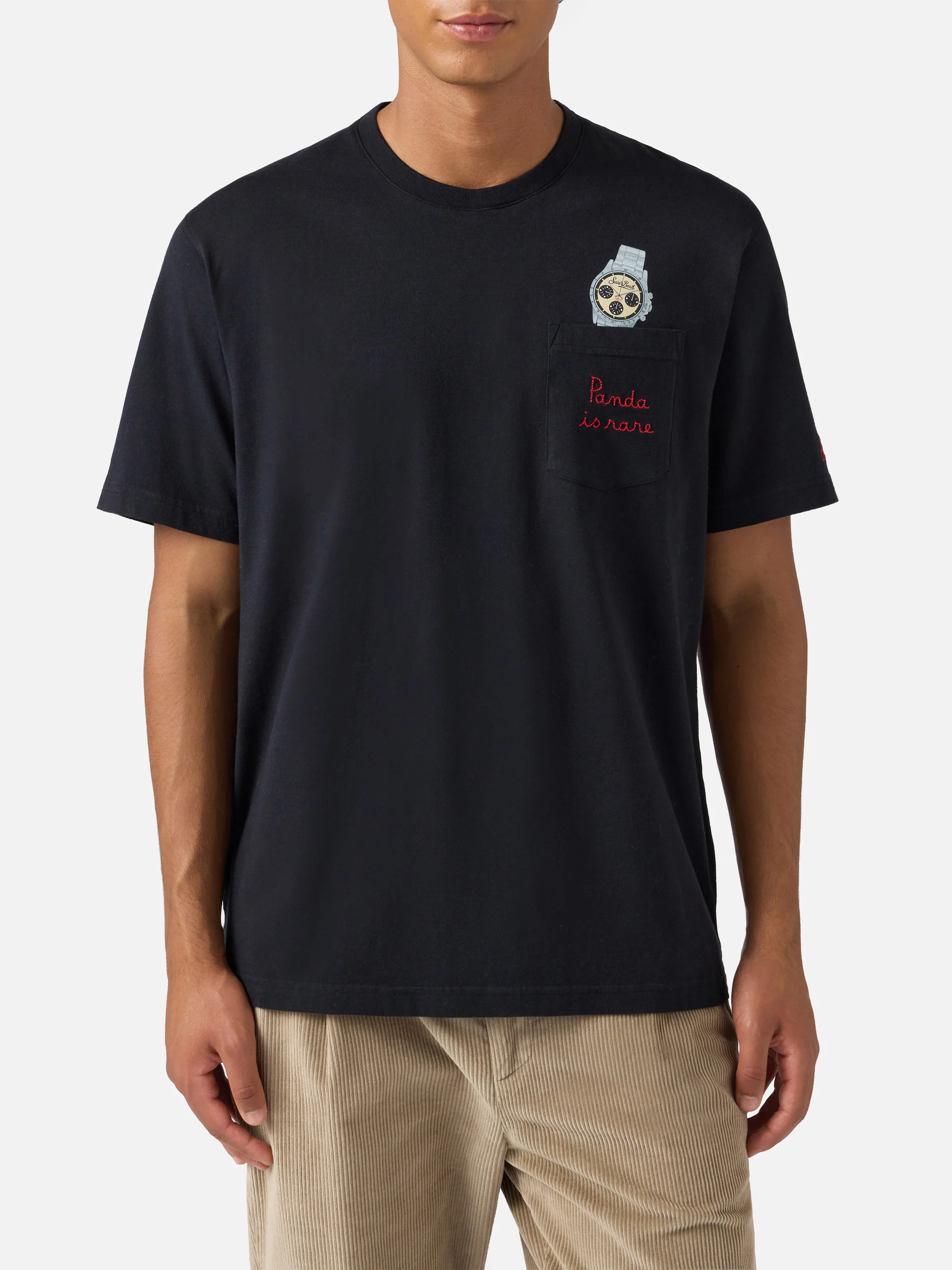 T-shirt Connor in cotone nero con ricamo sul taschino Panda is rare - Image 2