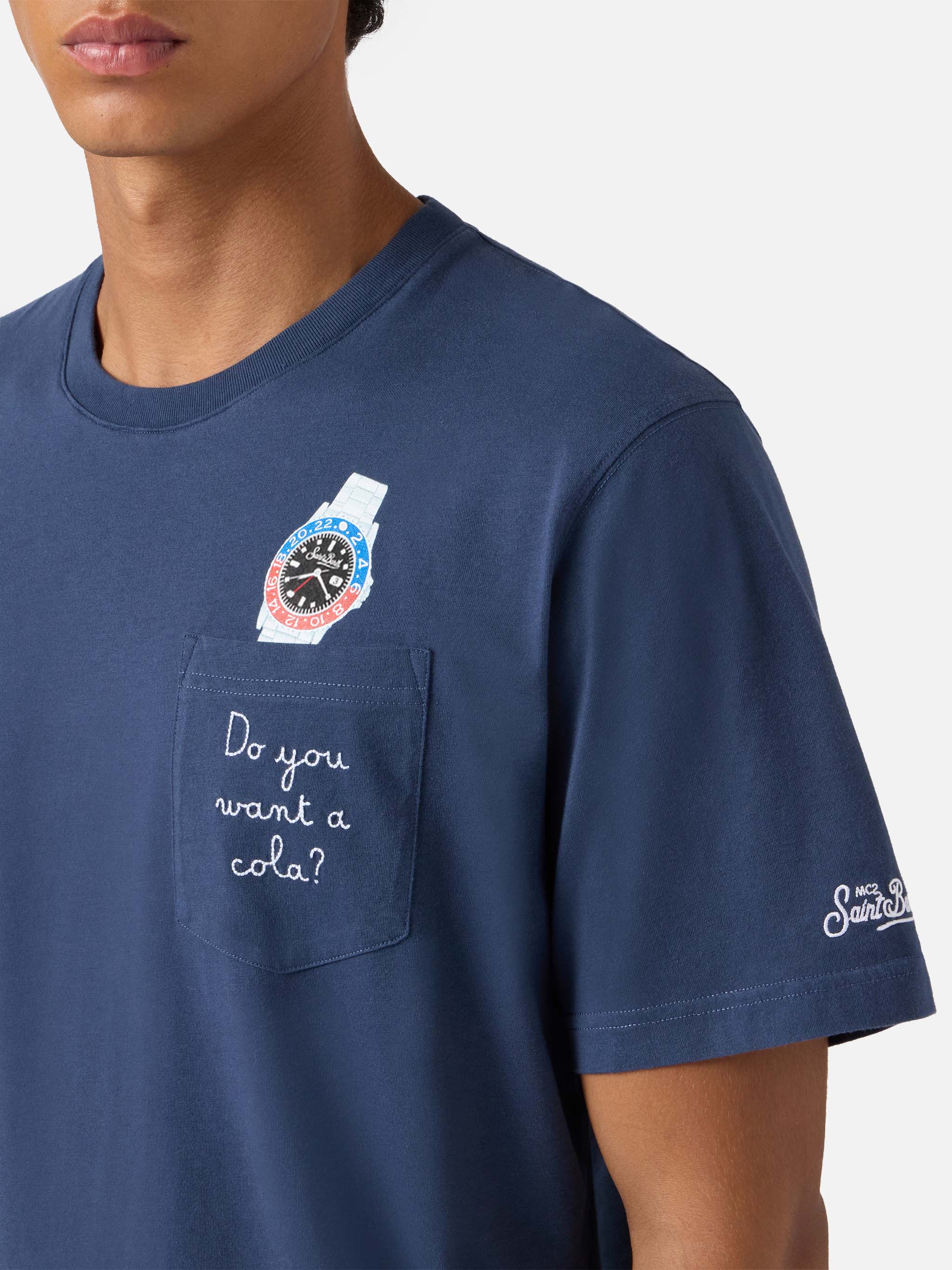 T-shirt Connor in cotone blu con ricamo sul taschino Do you want a cola? - Image 2