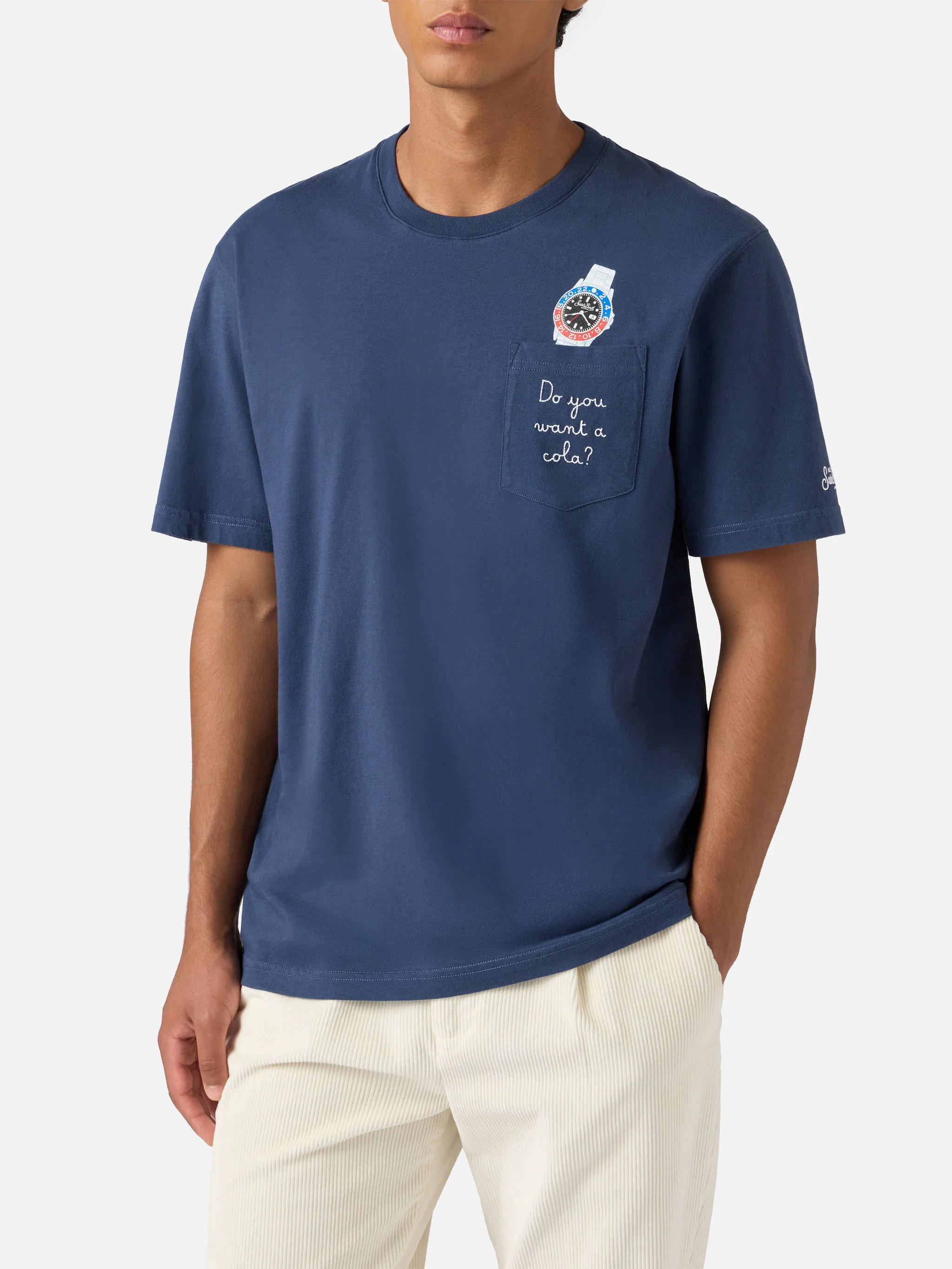 T-shirt Connor in cotone blu con ricamo sul taschino Do you want a cola? - Image 3