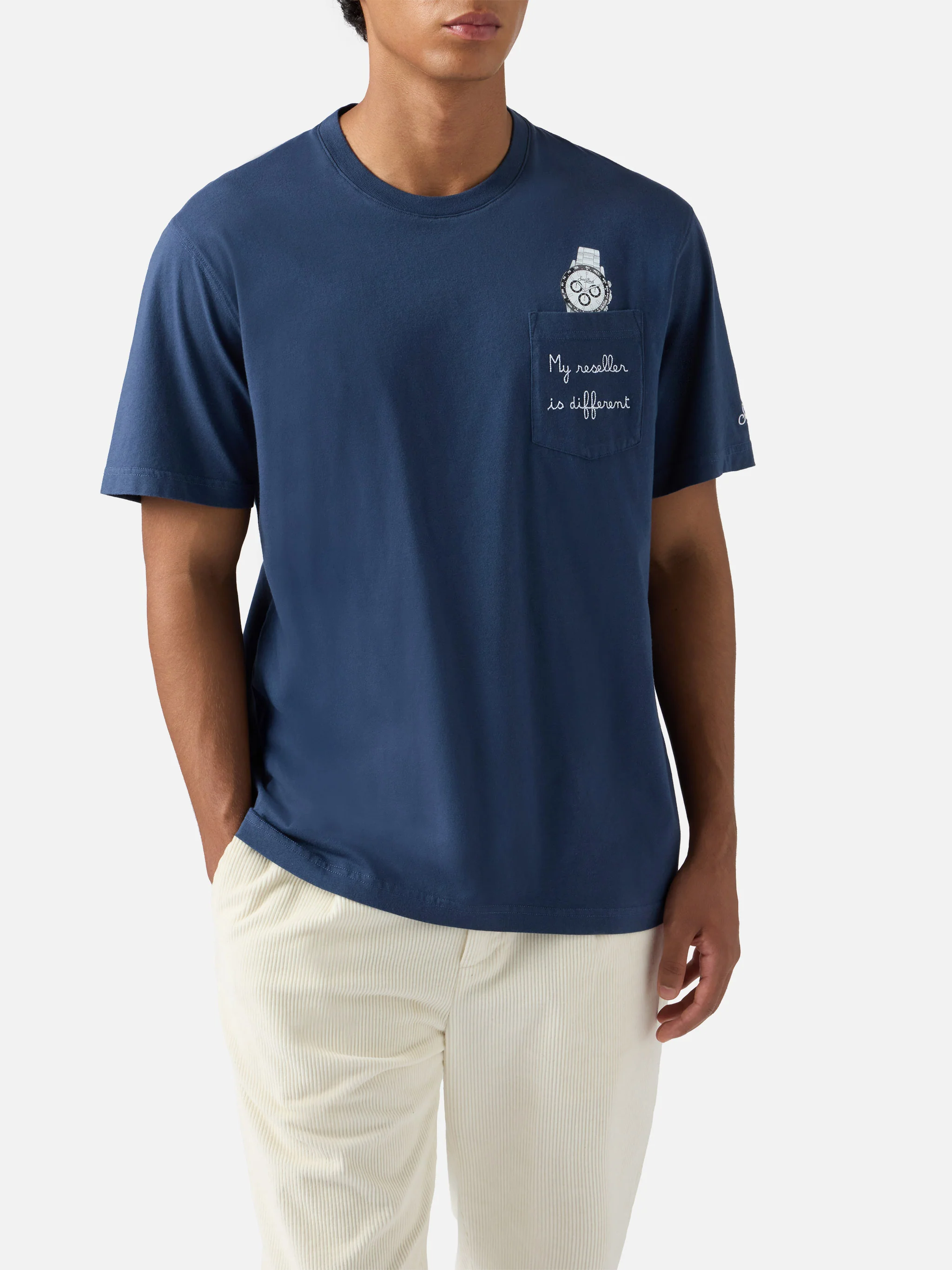 T-shirt Connor in cotone blu con ricamo sul taschino My reseller is different - Image 2
