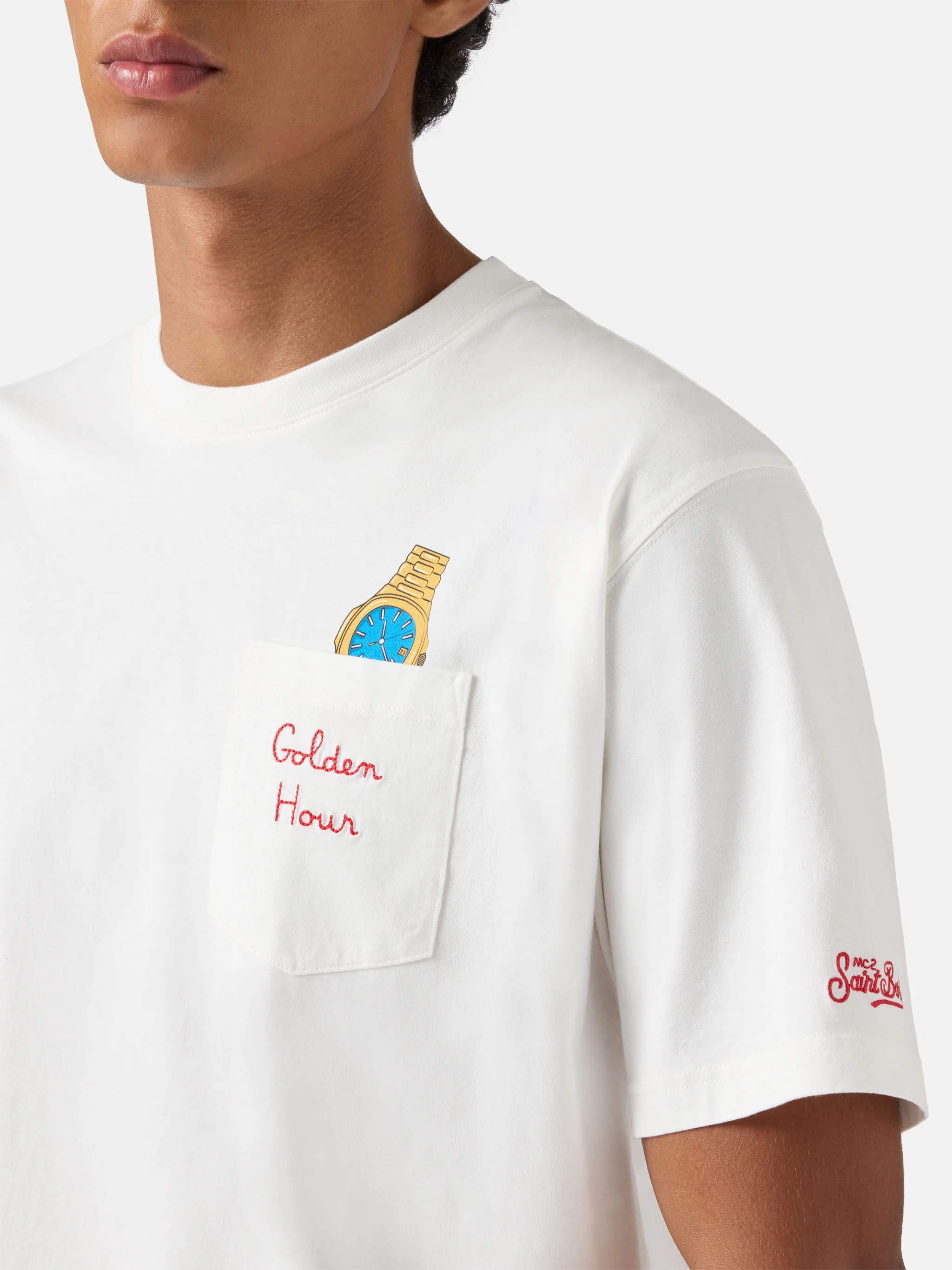 T-shirt Connor in cotone bianco con ricamo sul taschino Golden hour - Image 2