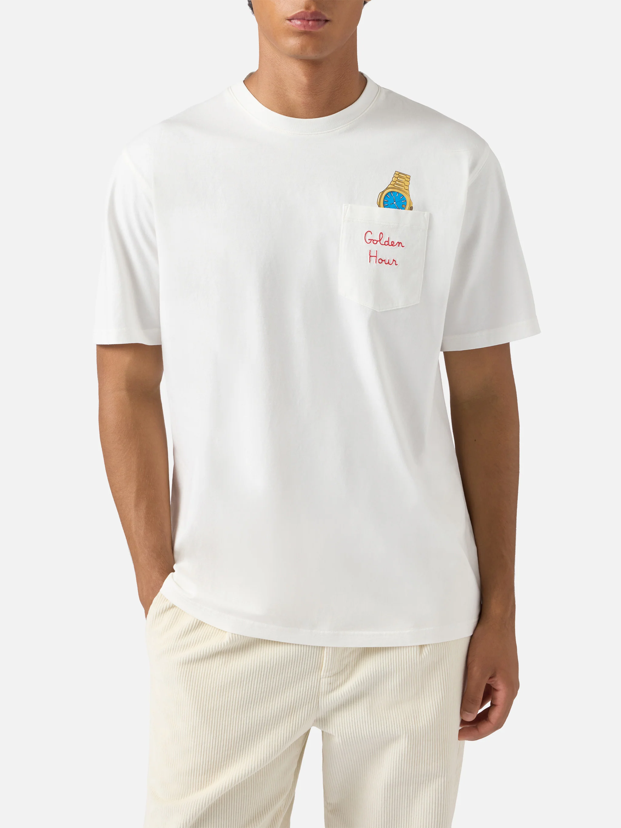 T-shirt Connor in cotone bianco con ricamo sul taschino Golden hour - Image 3