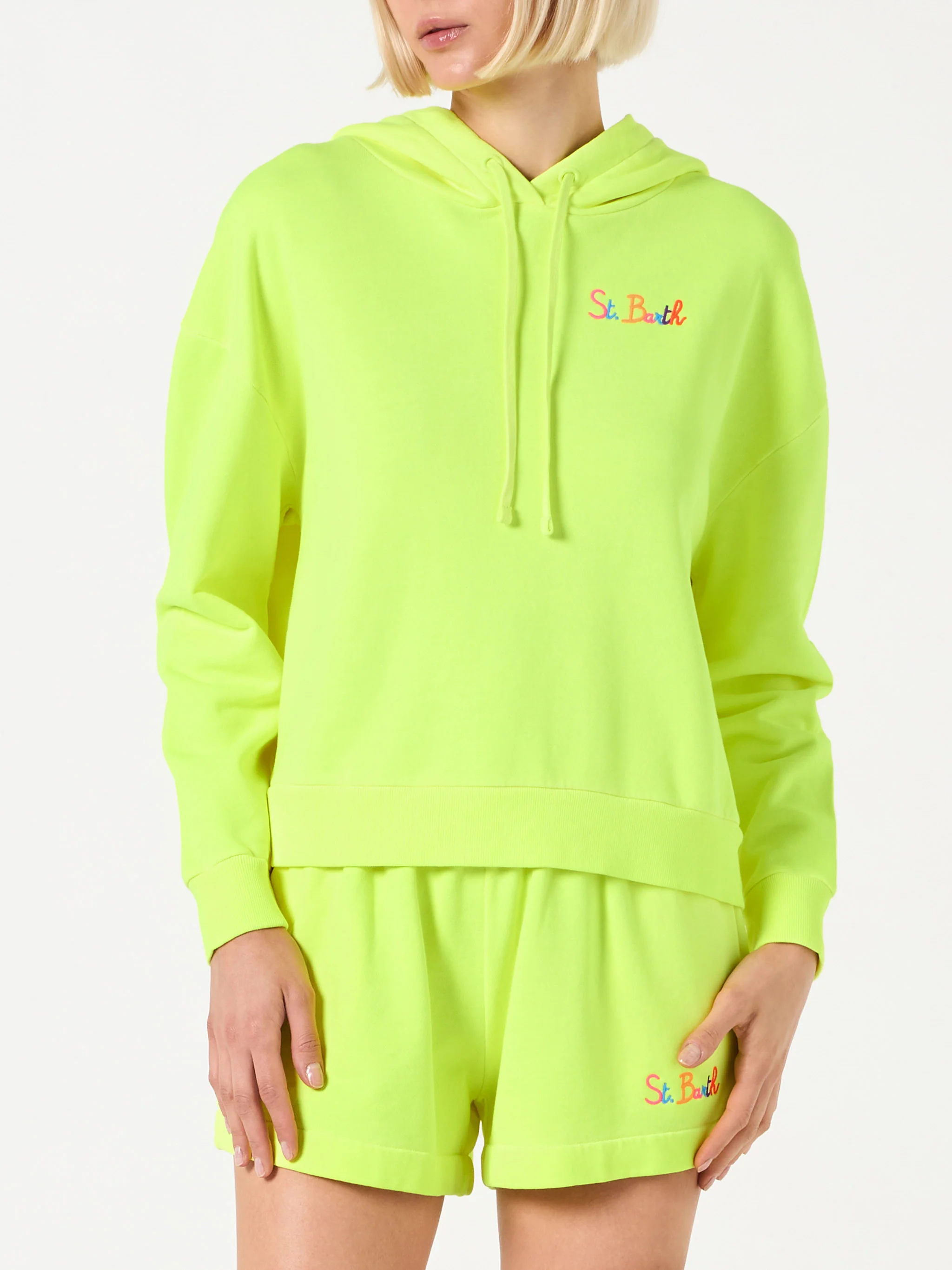 Felpa giallo fluo con cappuccio con ricamo St. Barth - Image 2