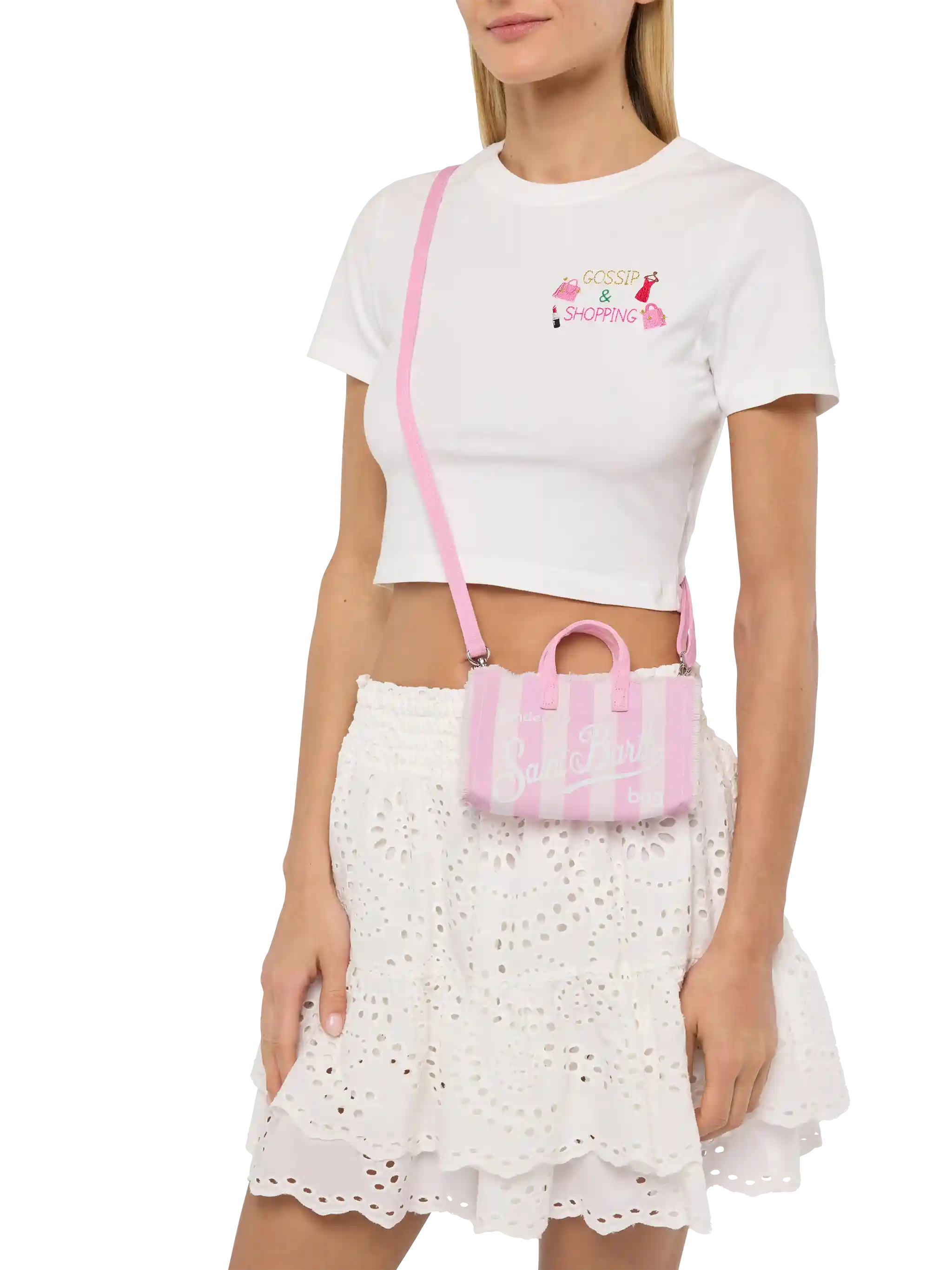 Phone Bag in canvas di cotone con stampa a righe rosa - Image 2