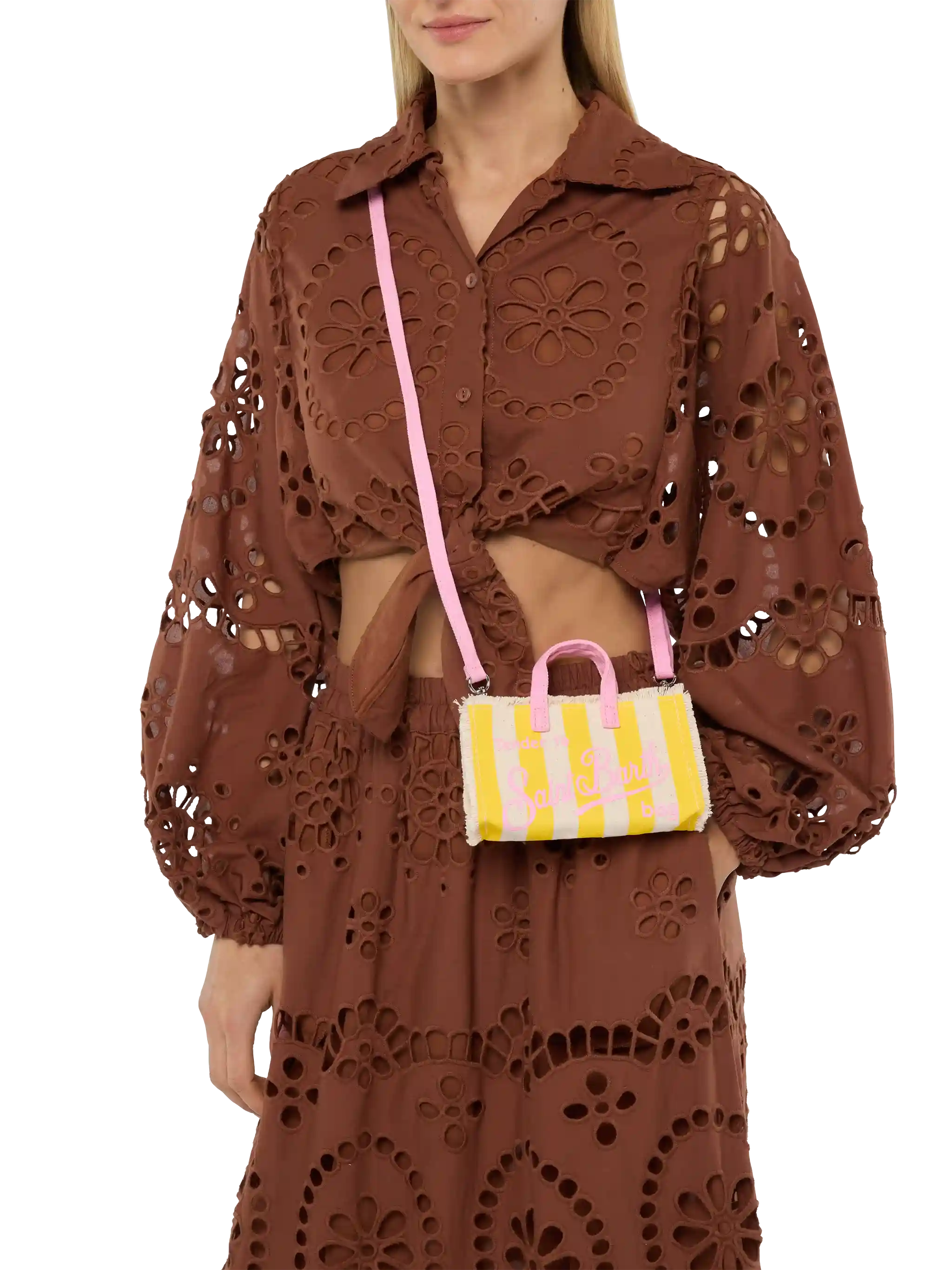 Phone Bag in canvas di cotone con stampa a righe gialle - Image 2