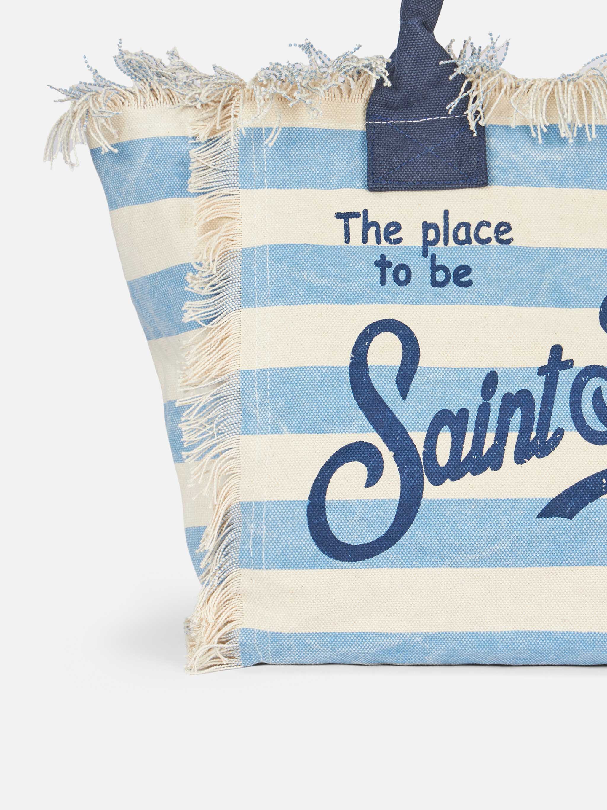 Borsa a spalla Vanity in canvas di cotone con stampa a righe azzurre - Image 3