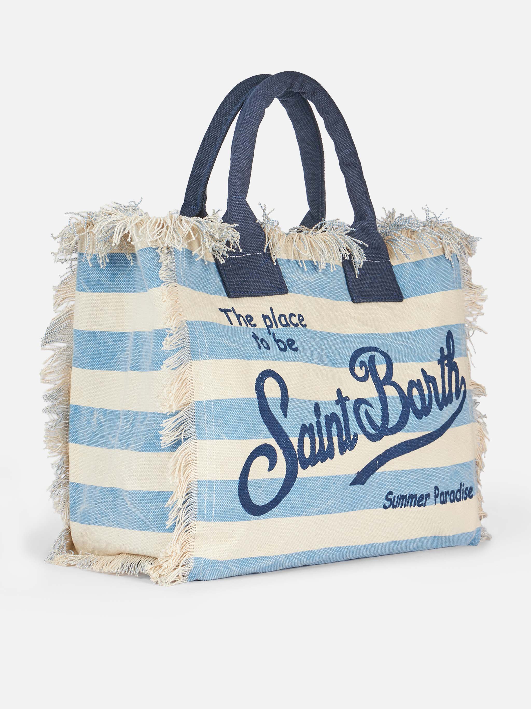 Borsa a spalla Vanity in canvas di cotone con stampa a righe azzurre - Image 4