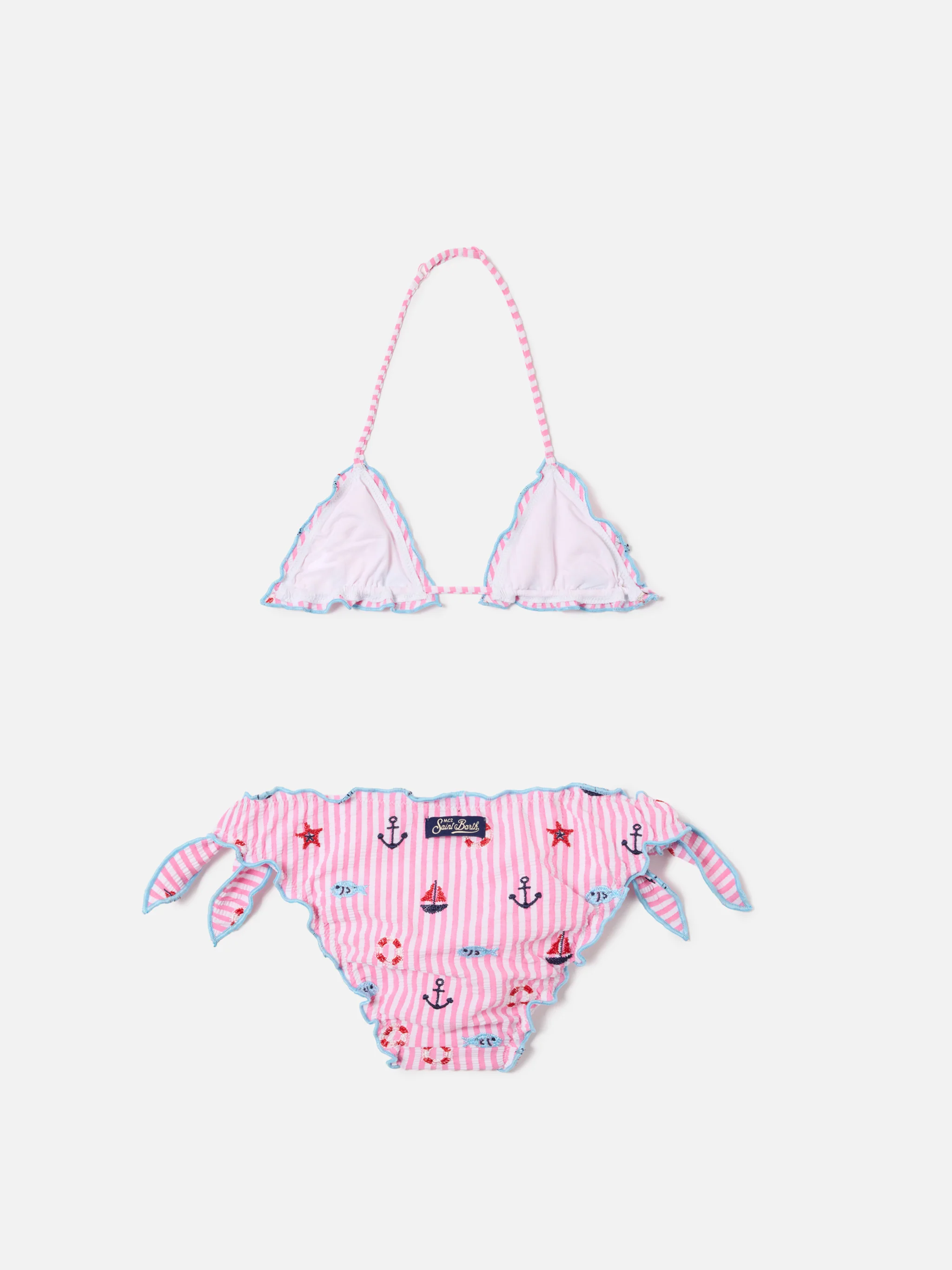 Bikini Cris rosa e azzurro in seersucker a righe con dettagli ricamati - Image 2