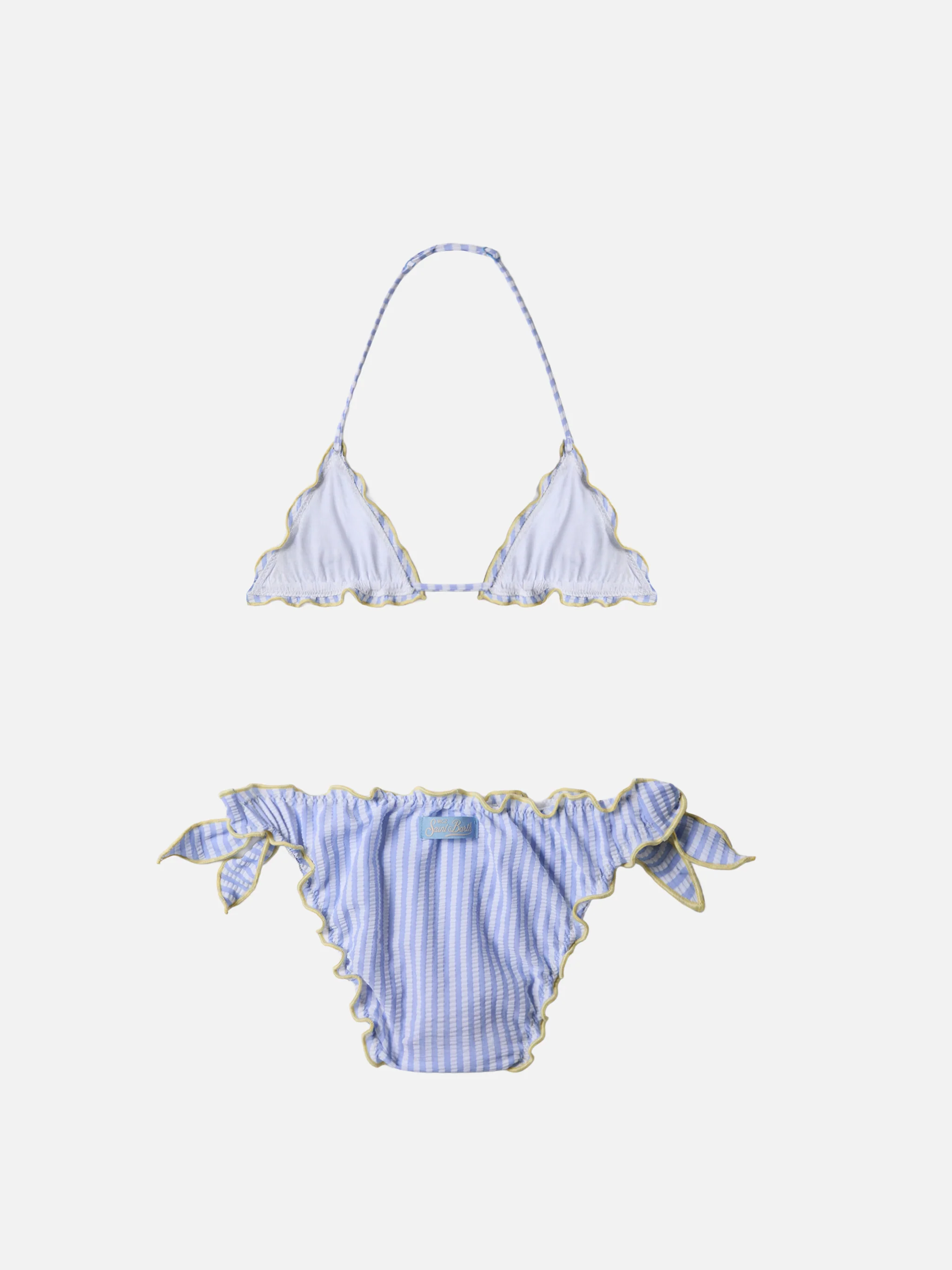 Bikini Cris azzurro e giallo in seersucker a righe con bordi arricciati - Image 2