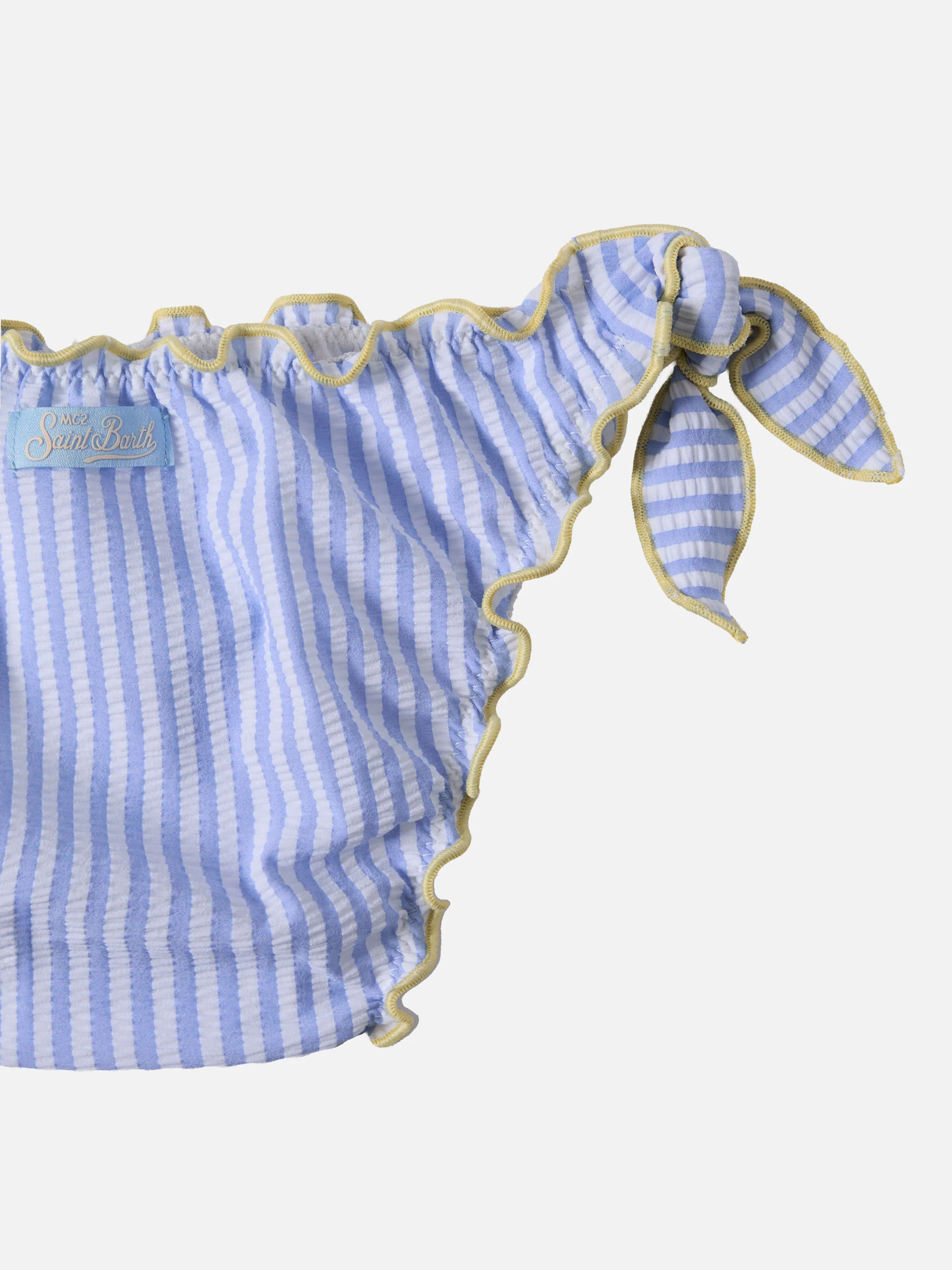 Bikini Cris azzurro e giallo in seersucker a righe con bordi arricciati - Image 3