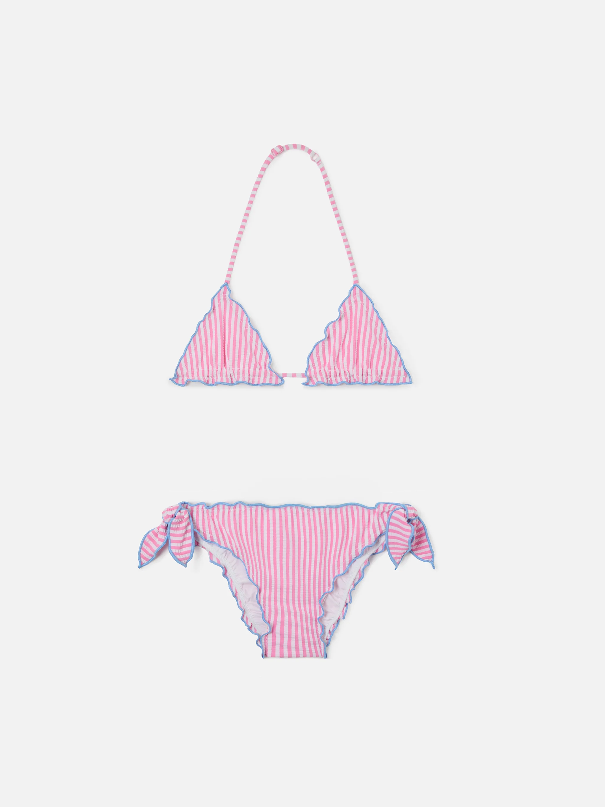Bikini Cris bianco e rosa in seersucker a righe con bordi arricciati