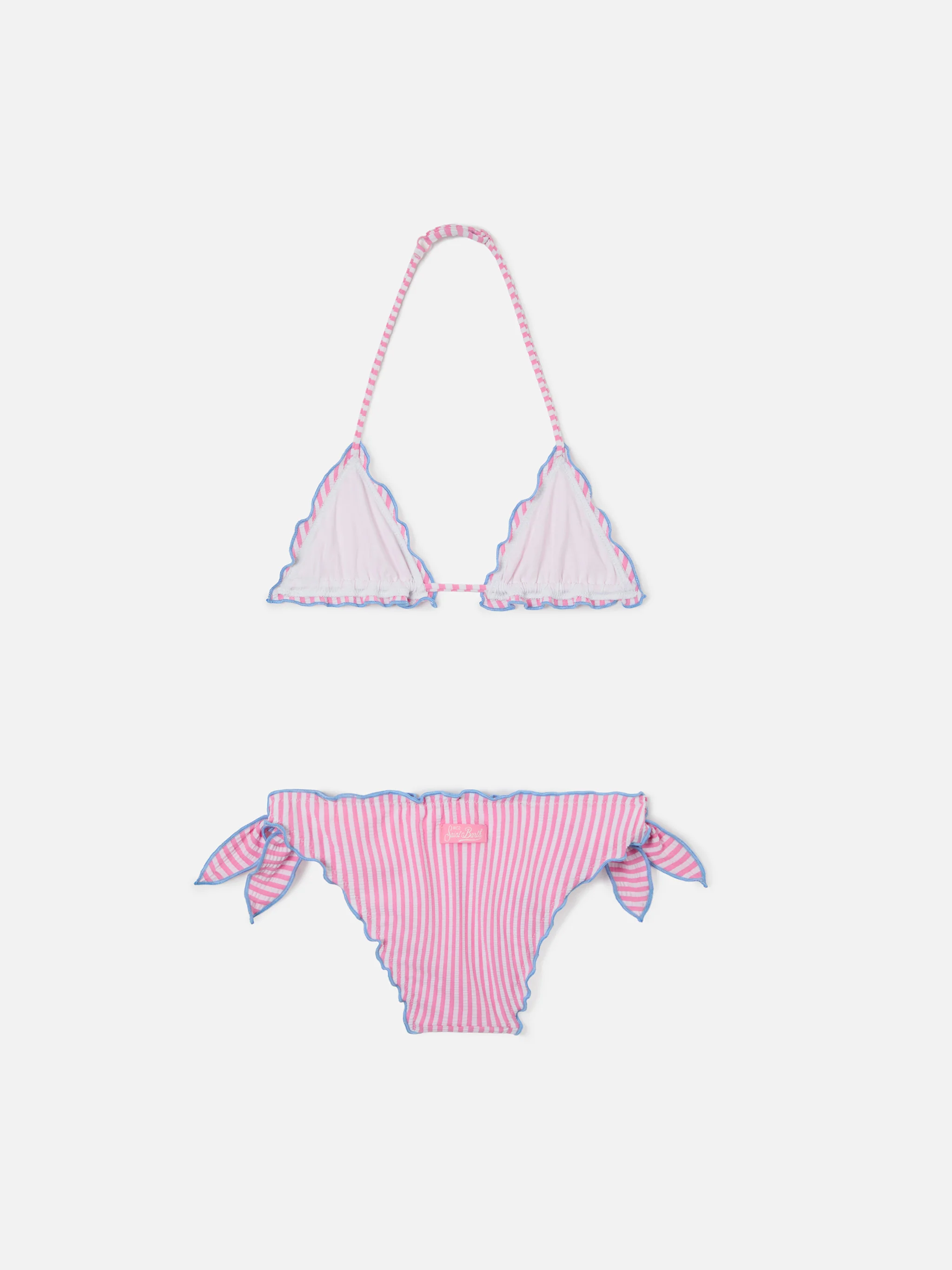 Bikini Cris bianco e rosa in seersucker a righe con bordi arricciati - Image 2
