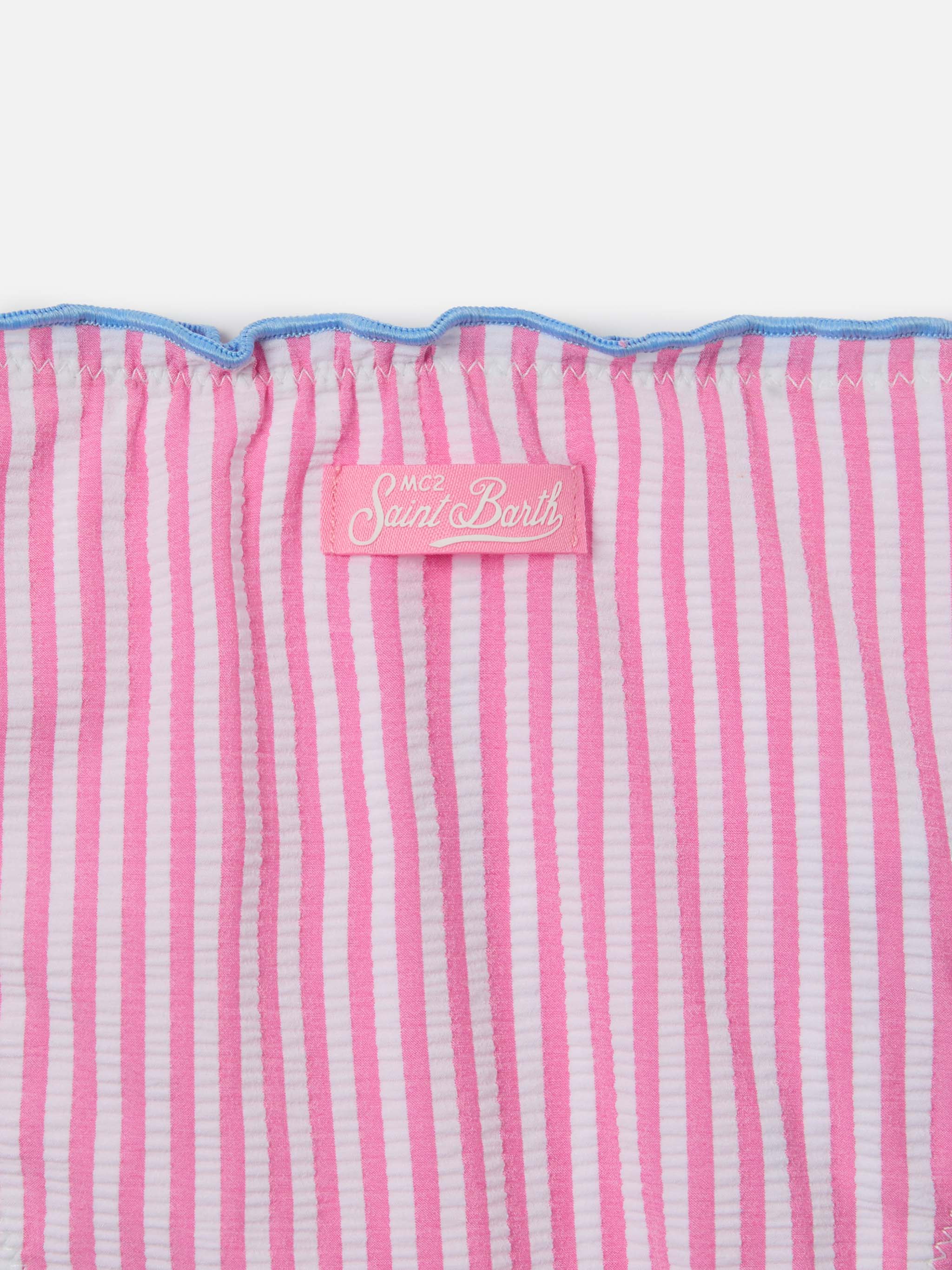 Bikini Cris bianco e rosa in seersucker a righe con bordi arricciati - Image 3