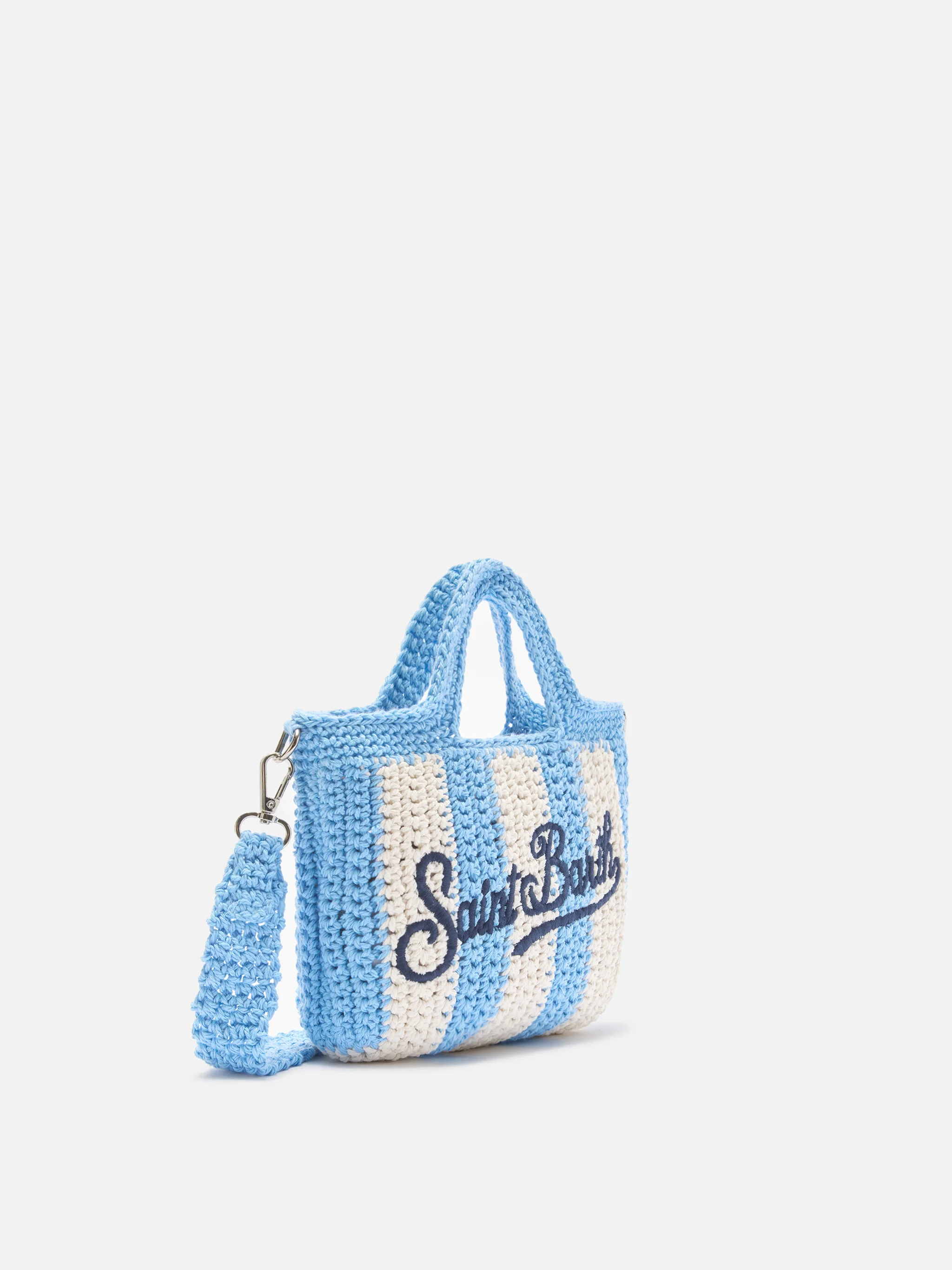 Borsa Crochet Mini a righe azzurre con logo ricamato - Image 2