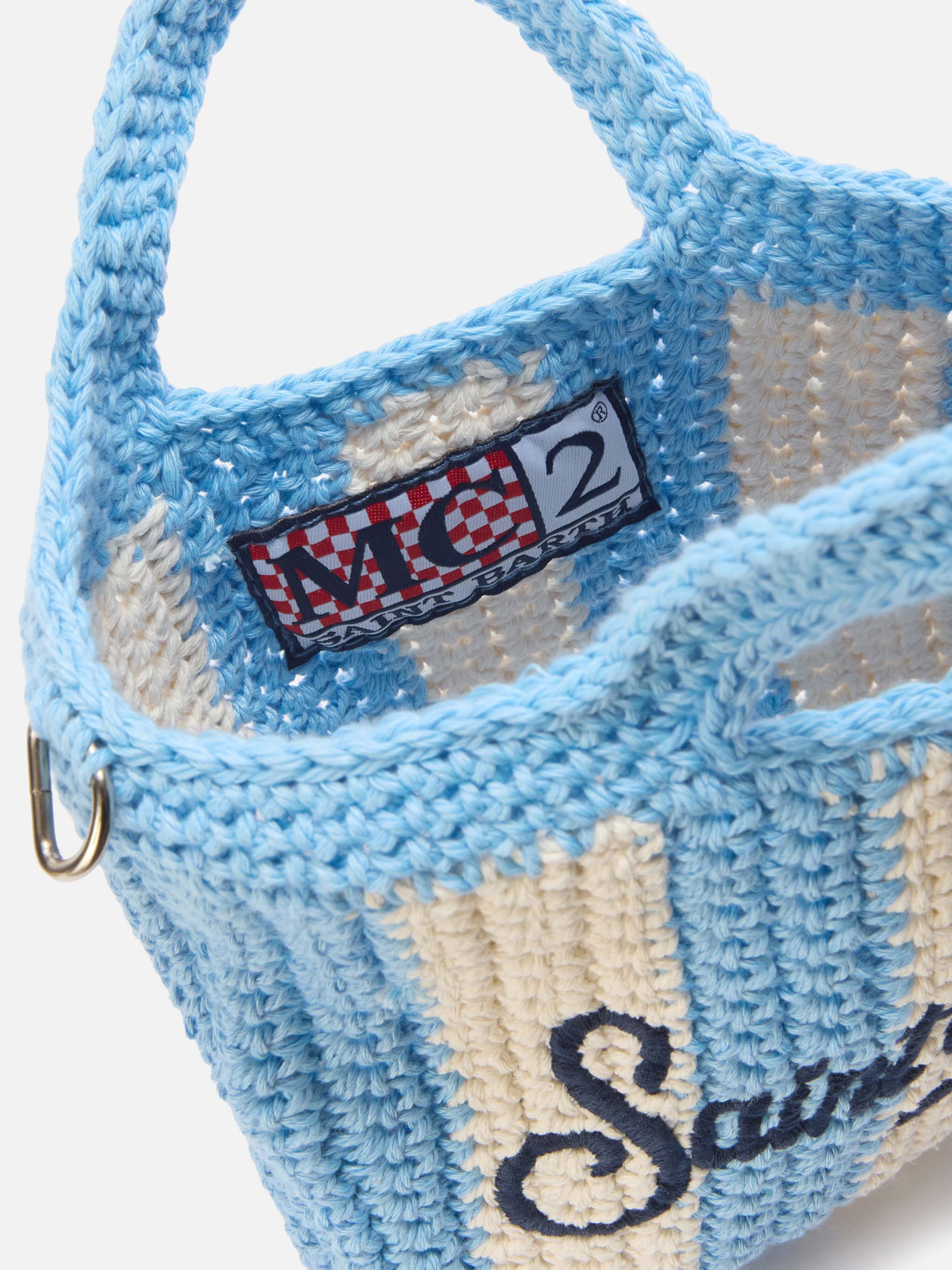 Borsa Crochet Mini a righe azzurre con logo ricamato - Image 4